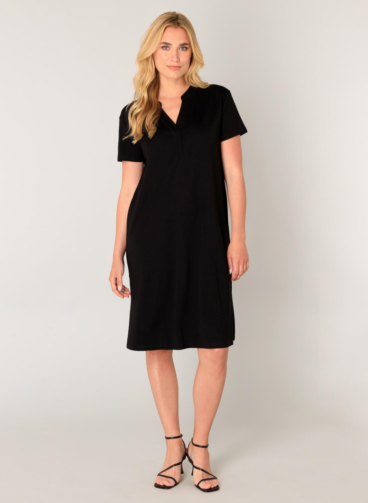 Sommerkleid BASE LEVEL "YEN", Damen, Gr. 38, N-Gr, schwarz, Web, Obermaterial: 65% Viskose, 30% Nylon, 5% Elasthan, unifarben, gerade knielang, tiefer V-Ausschnitt, Kleider Sommerkleid, mit Bindegürtel