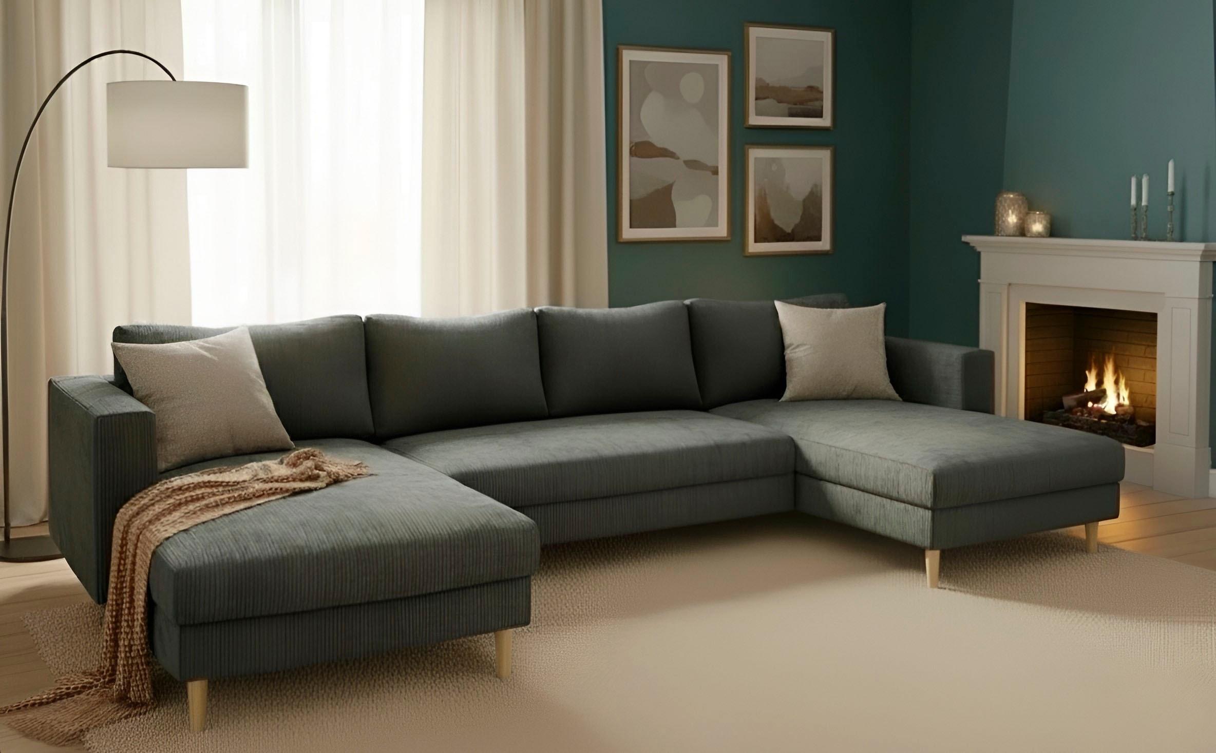 Wohnlandschaft TRENDMANUFAKTUR "Amazing, wahlw. mit Schlaffunktion & Bettkasten, Fuß Buche lackiert", dunkelgrau, B:305cm H:81cm T:161cm, Sofas, Wohnlandschaft, Sofa in U-Form, in Cord oder Struktur, Breite 305 cm