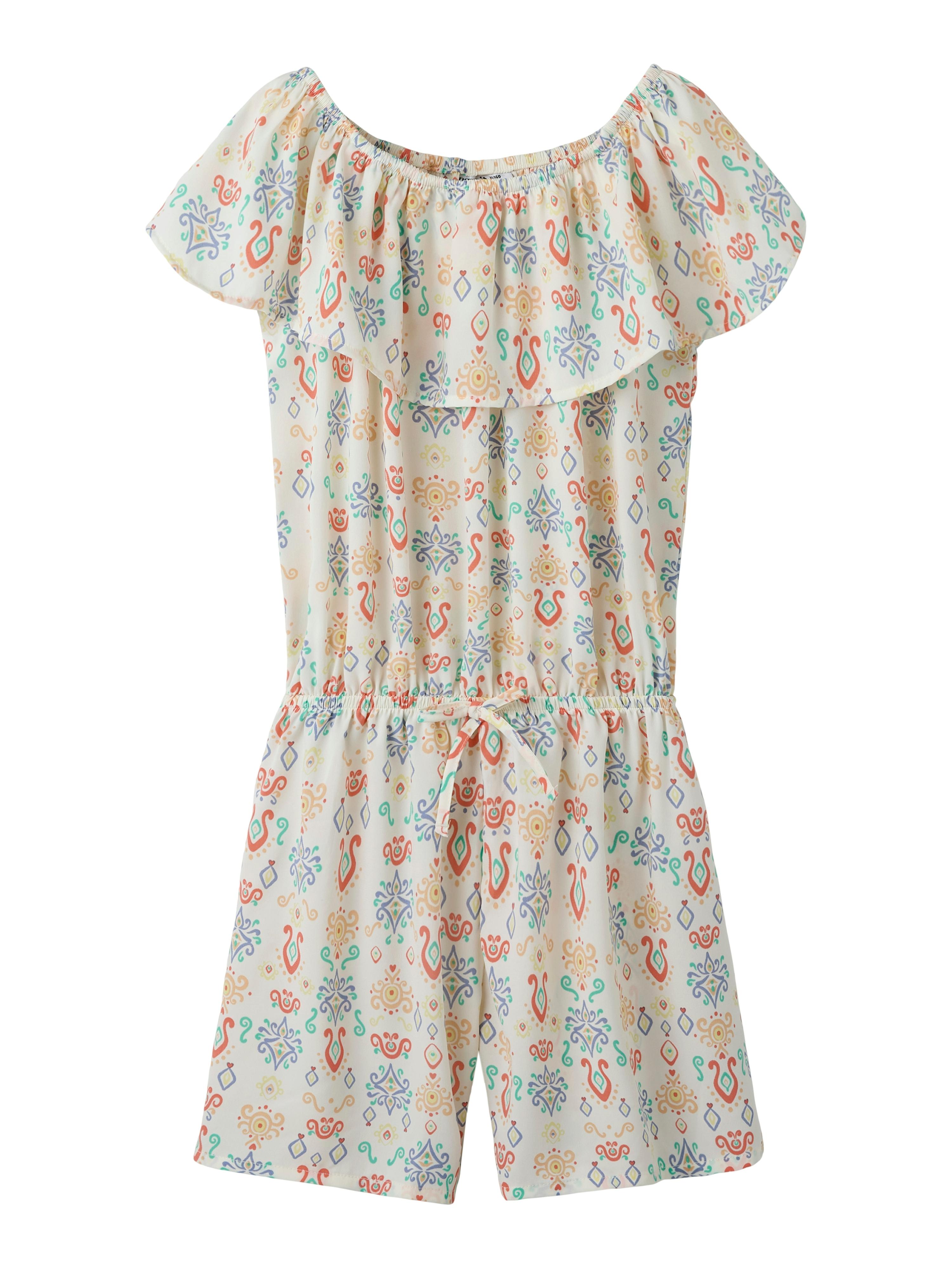 Kurzoverall NAME IT "NKFVINAYA PLAYSUIT FFF", Mädchen, Gr. 152, N-Gr, weiß alyssum aop:aztec inspirot, Web, Obermaterial: 98% Polyester, 2% Elasthan, bedruckt, regular fit kurz, Carmenausschnitt, Overalls Kurzoverall, Kunstfaser, elastischer Bund, Allover-Druck