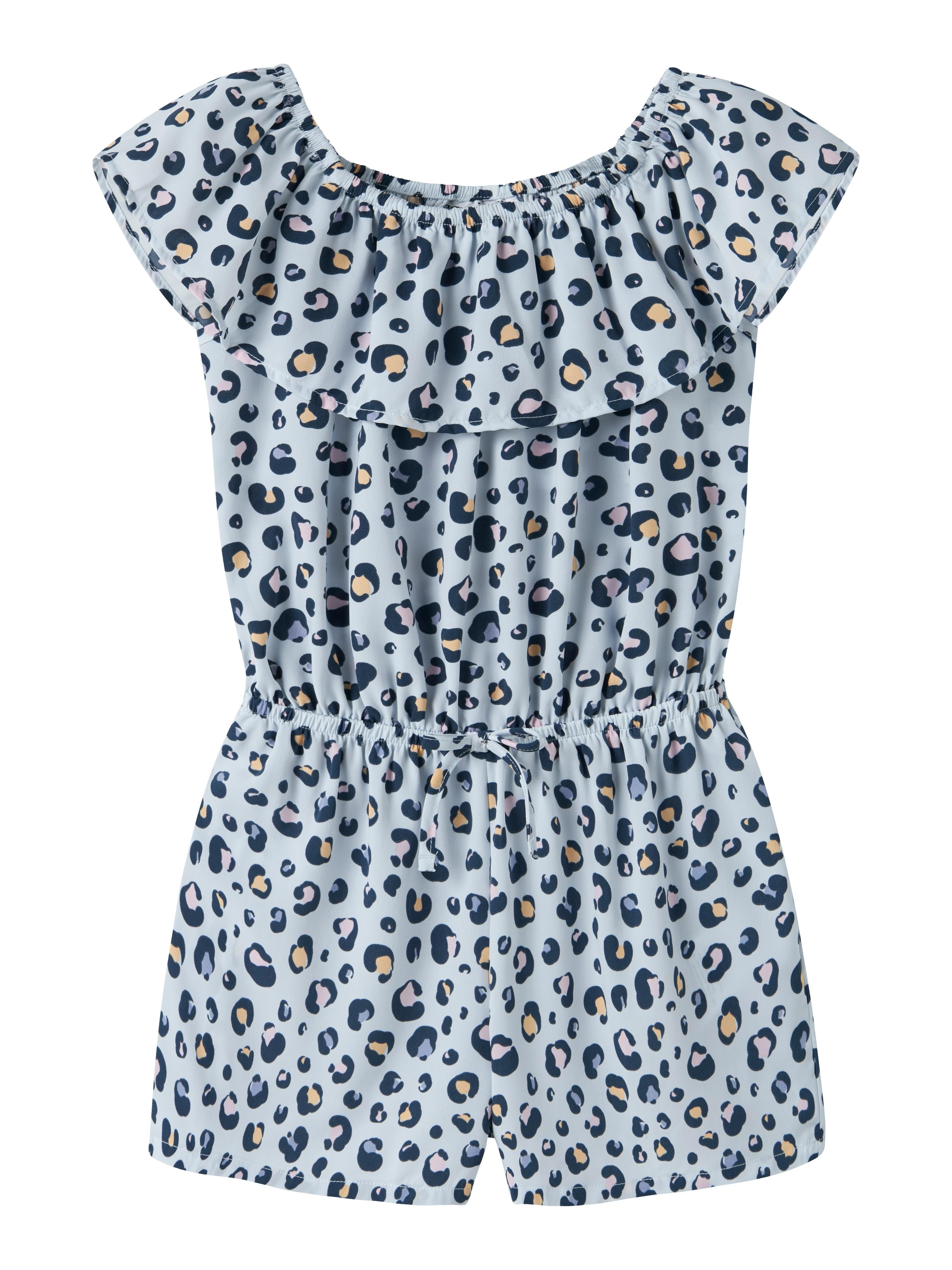 Kurzoverall NAME IT "NKFVINAYA PLAYSUIT FFF", Mädchen, Gr. 152, N-Gr, ancient water aop:colorot leo, Web, Obermaterial: 98% Polyester, 2% Elasthan, bedruckt, regular fit kurz, Carmenausschnitt, Overalls Kurzoverall, Kunstfaser, elastischer Bund, Allover-Druck
