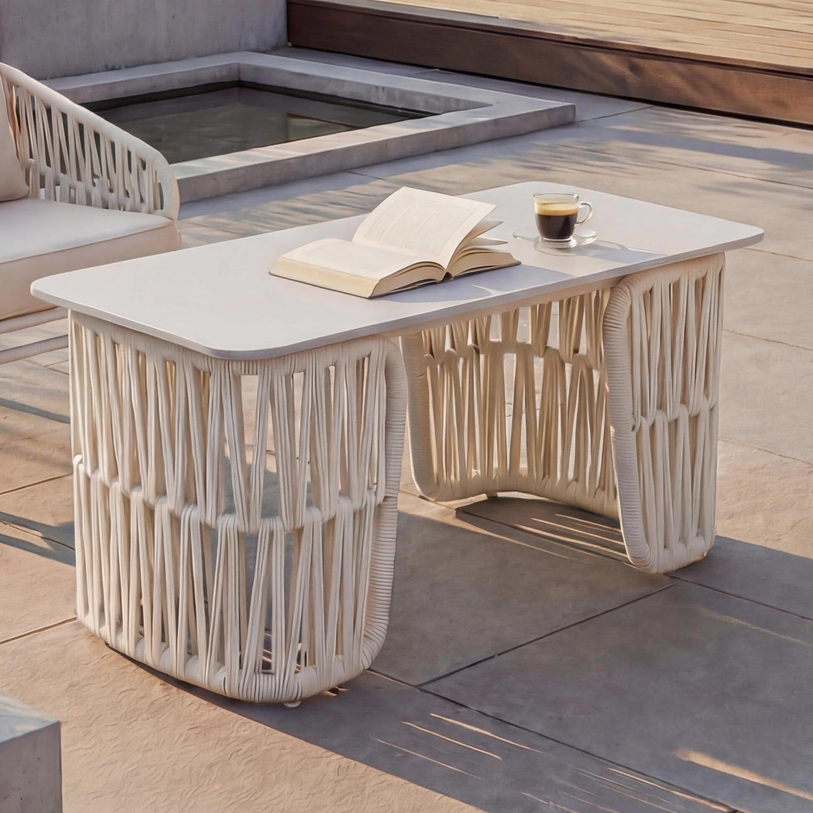 Loungetisch MCW-P90, Gartentisch Balkontisch Outdoor, Seilgeflecht Rope Sinterstein 43X90X45Cm ~ Creme, Platte Creme