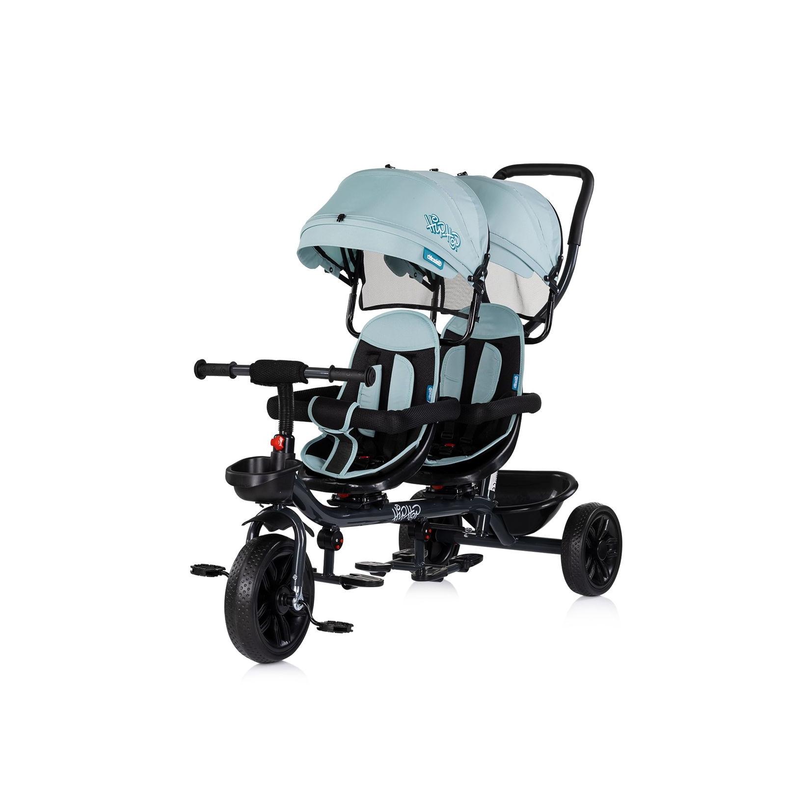 Babyshoppen Geschwisterdreirad Hip Hop, Schiebegriff, Sitze 360° drehbar, Gurte hellblau