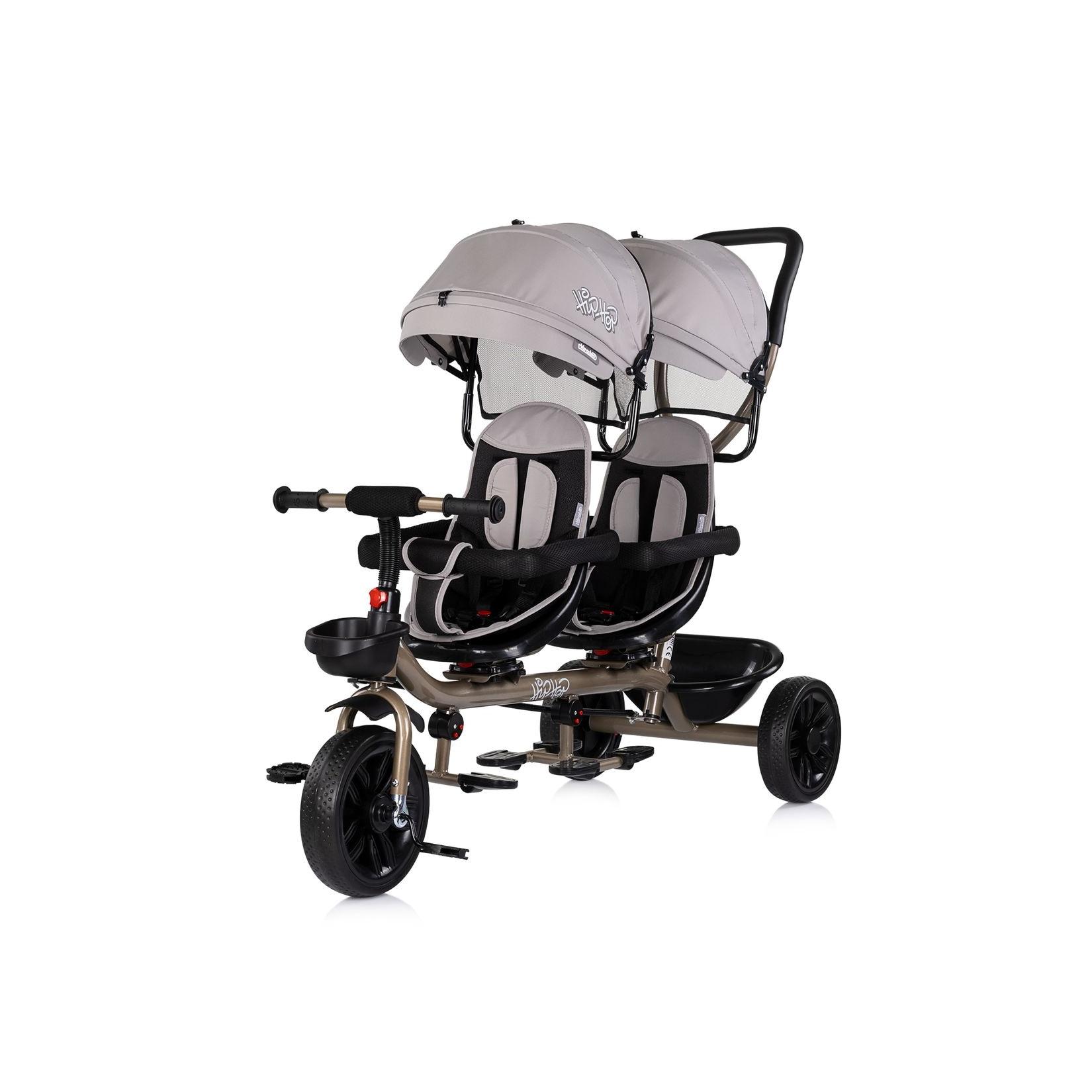 Babyshoppen Geschwisterdreirad Hip Hop, Schiebegriff, Sitze 360° drehbar, Gurte hellbraun
