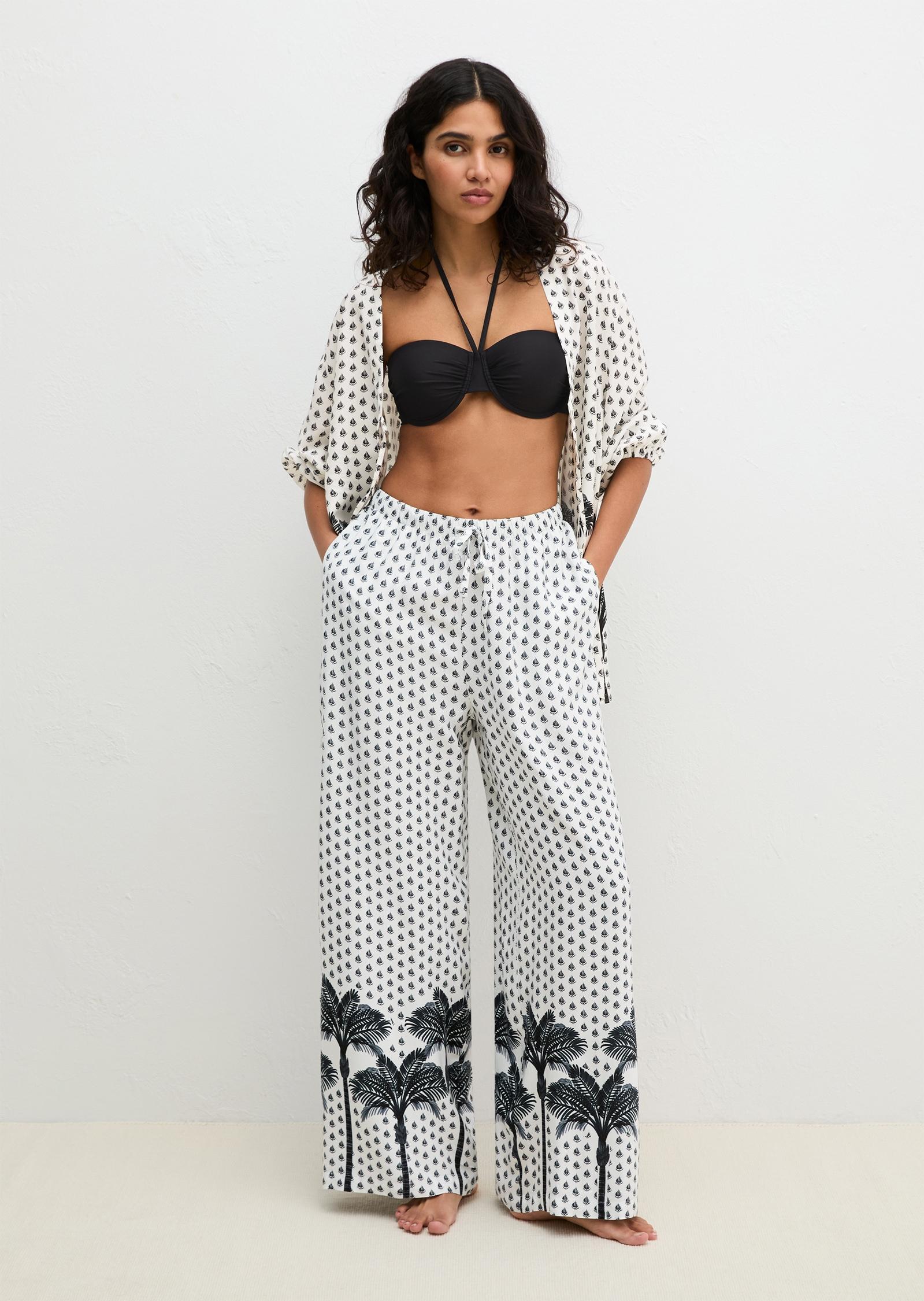 Strandhose Marc O'polo "Beach Cover-Up", Damen, Gr. Xs (34), N-Gr, Weiß Cotton Palm Print, Obermaterial: 100% Viskose, Hosen Strandhose, Strandhose, Sommerlicher Allover-Print