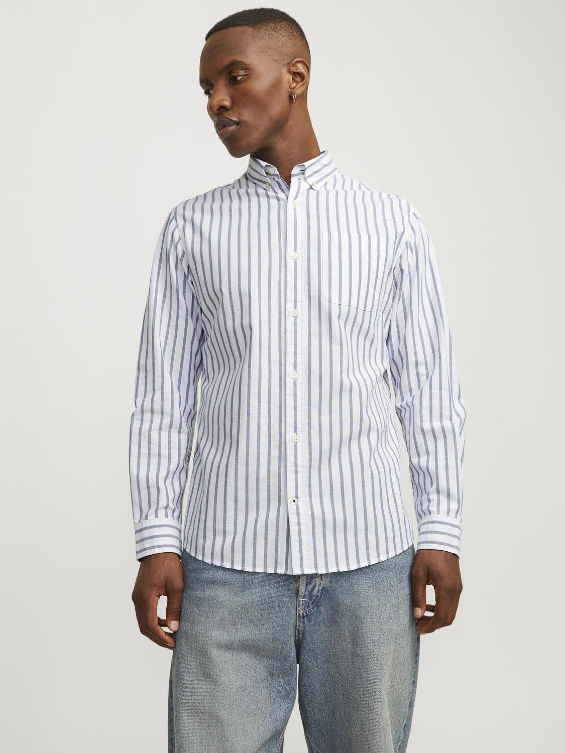Langarmhemd Jack & Jones "Jjeoxford Shirt Ls Noos", Herren, Gr. S, N-Gr, Blau (Ensign Blau Stripes:Stripes), Web, Obermaterial: 100% Baumwolle, Gestreift, Slim Fit, ÄRmel Mit ÄRmelschlitz 2-Knopf-Manschette, Hemden