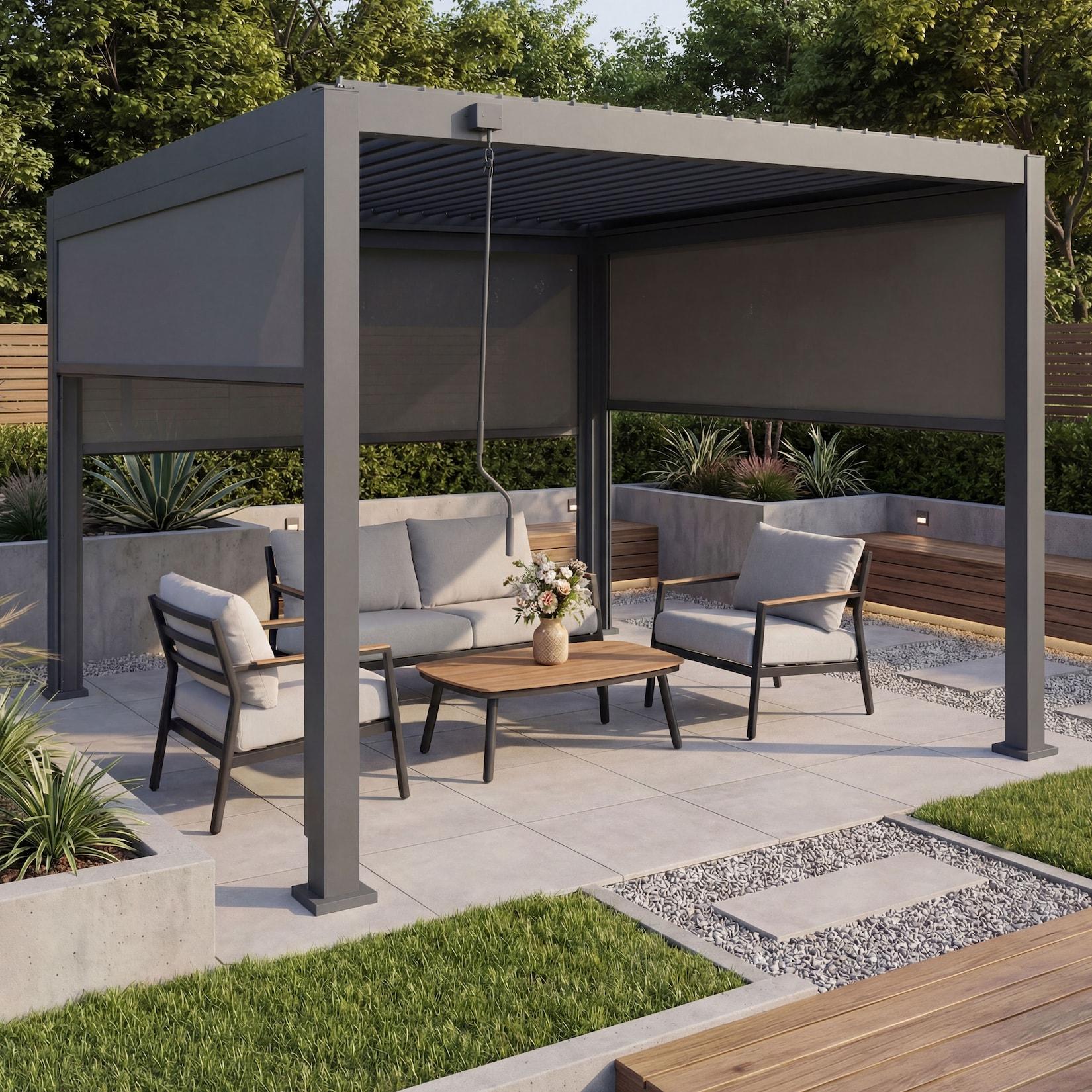 Pergola MCW-P65 mit 3x Seitenwand, Rollo Terrassenüberdachung Garten Lamellenpavillon, 10cm-Alu-Gestell 3x3m ~ anthrazit