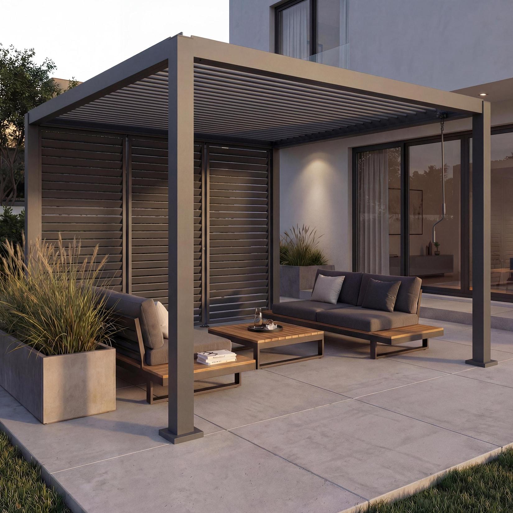 Pergola MCW-P65 mit 3x Lamellenwand, Terrassenüberdachung Garten Lamellen-Pavillon, 10cm-Alu-Gestell 3x3m ~ anthrazit