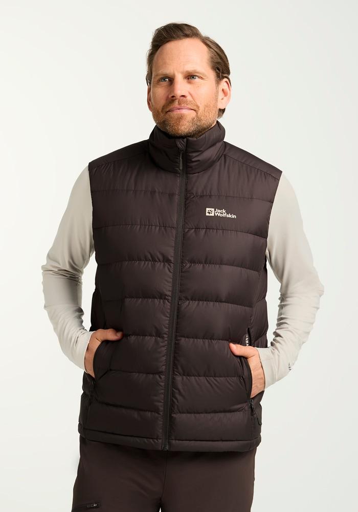 Daunenweste JACK WOLFSKIN "ATHER DOWN VEST M RDS", Herren, Gr. M (50), peat, Obermaterial: 100% Polyester. Füllung: 90% Entendaune, 10% sonstige Fasern, Westen Daunenweste