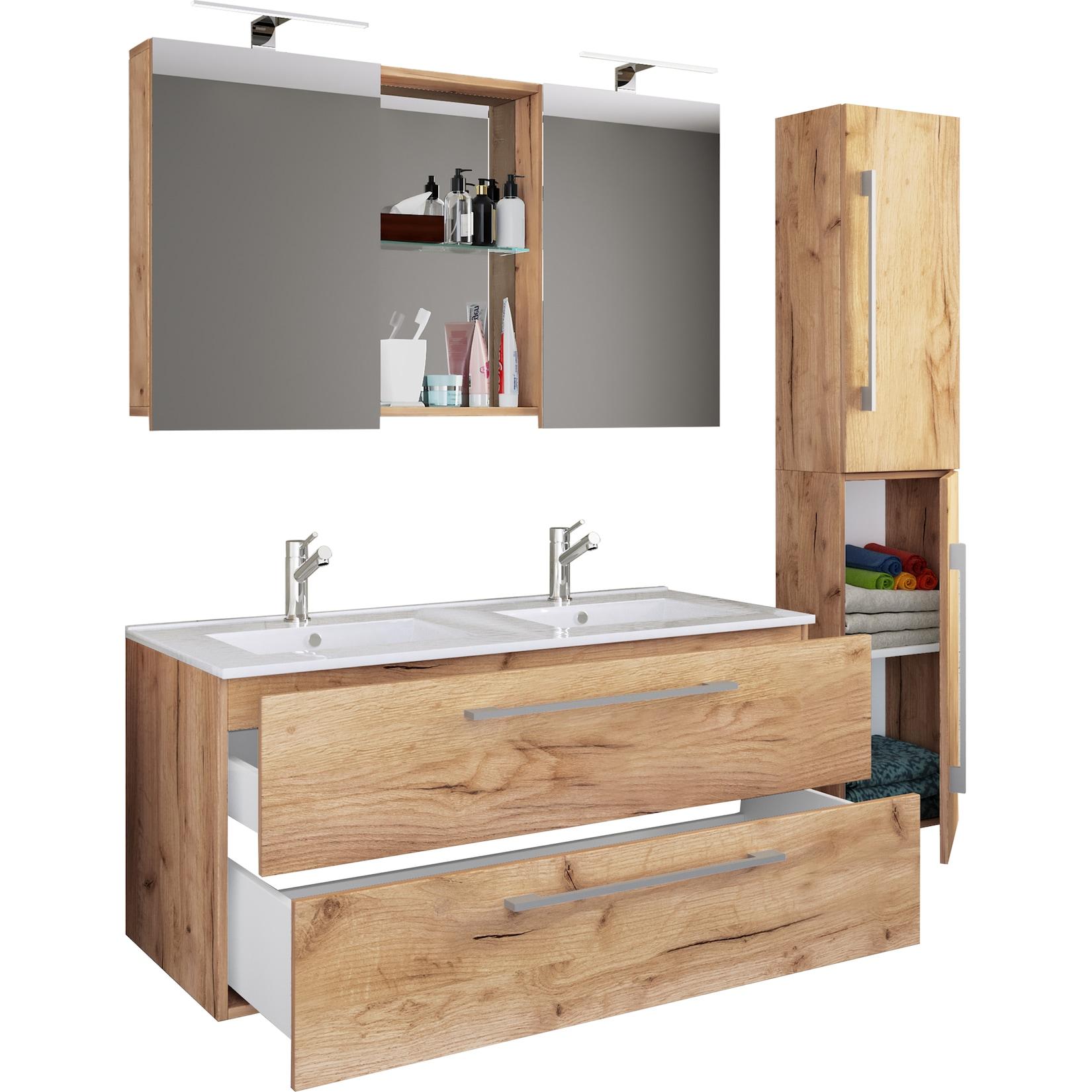 Vcm 4-Tlg. Doppel Waschplatz 2X Waschtisch BadmöBel Set Mit Unterschrank, Waschbecken, Hochschrank Und Spiegelschrank Doppelwaschbecken Komplettset Budasi Sc