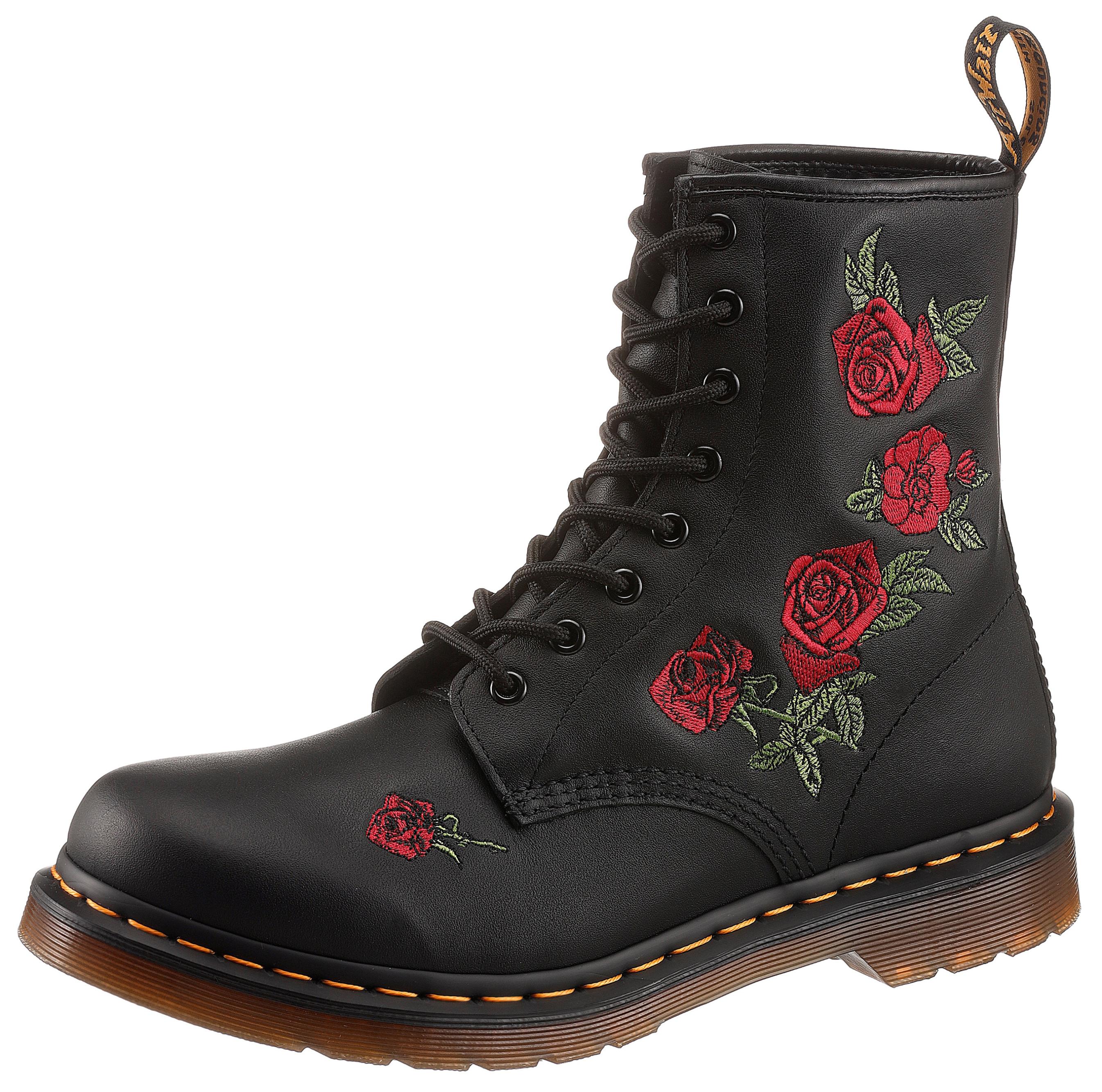 SchnüRboots Dr. Martens "Vonda", Damen, Gr. 38, Schwarz (Schwarz, Rot GeblüMt), Leder, GeblüMt, Schuhe SchnüRboots, Blockabsatz,SchnüRschuh,Stiefelette, BlüTen-Stickerei - Schmale Form