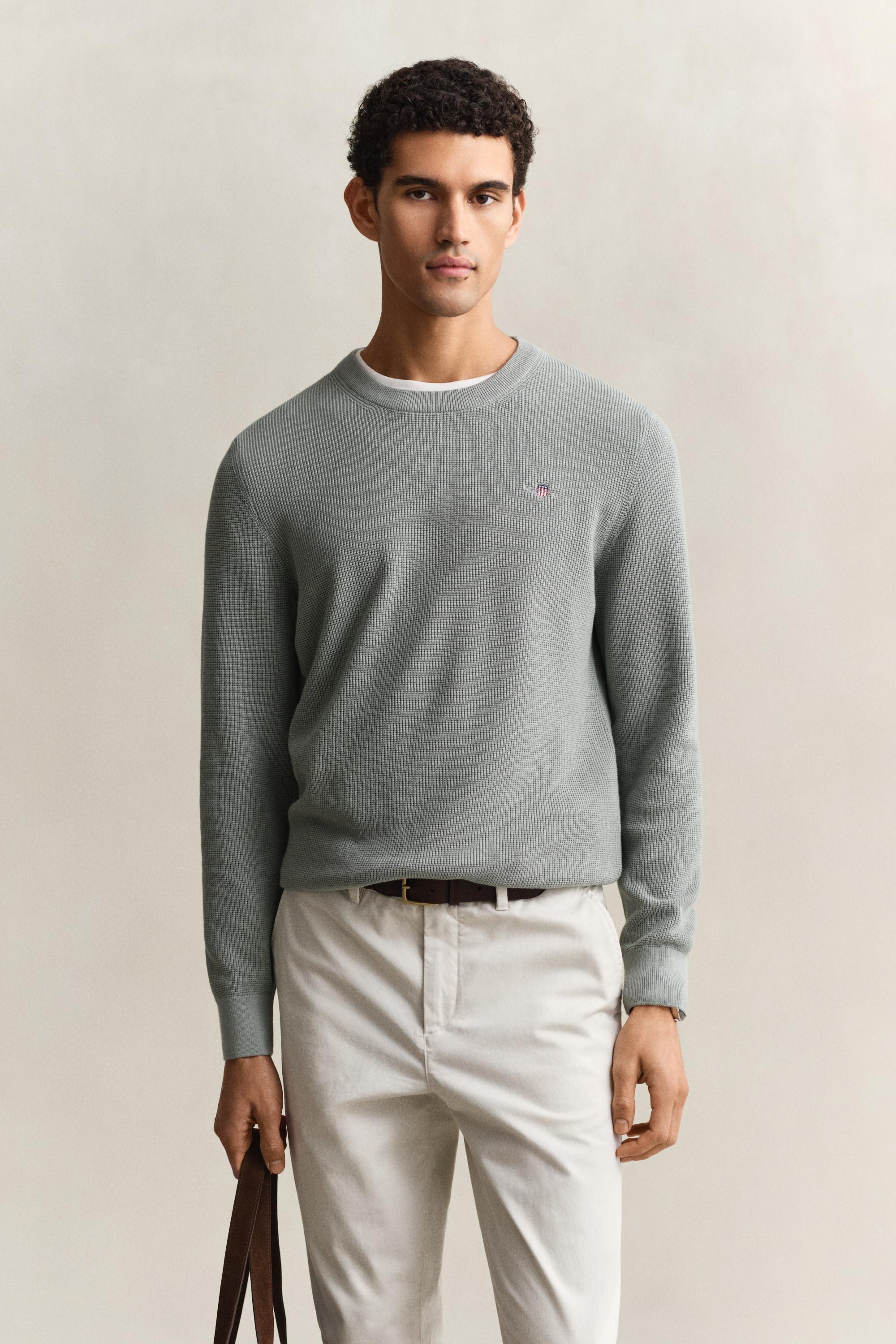Strickpullover Gant "Micro Textured Cotton C-NECK", Herren, Gr. Xxl, Grau (Ceramic Grau), Strick, Obermaterial: 100% Baumwolle, Unifarben, Regular Fit Normal, Rundhals, Eingesetzt RippbüNdchen, Pullover Strickpullover, Regular Fit Mit Rundhalsausschnitt