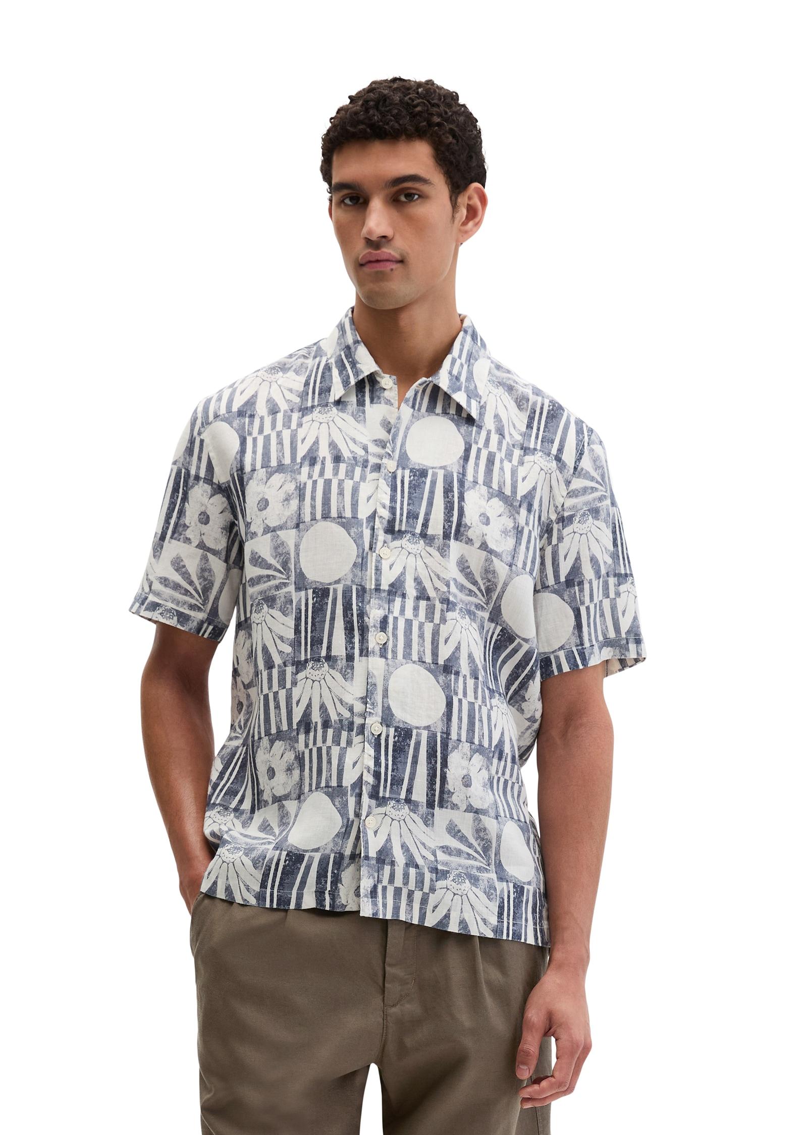Kurzarmhemd Marc O'polo, Herren, Gr. L, N-Gr, Multi, Waikawa Blau, Web, Obermaterial: 100% Leinen, Regular Fit, Hemden, Leinenhemd Regular Fit Mit Allover-Print
