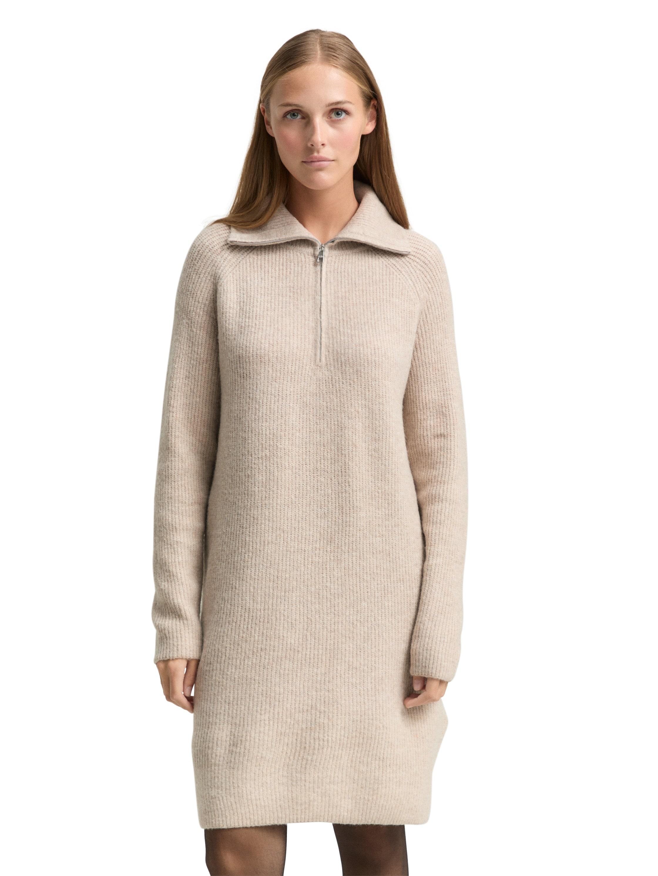 Strickkleid Tom Tailor Denim, Damen, Gr. Xl, N-Gr, Cosy Beige Melange, Strick, Obermaterial: 62% Polyacryl, 25% Polyester, 10% Baumwolle, 3% Elasthan, Strukturmuster, Meliert, Regular Fit Knielang, Gerader Abschluss, Kleider Strickkleid, Mit Struktur