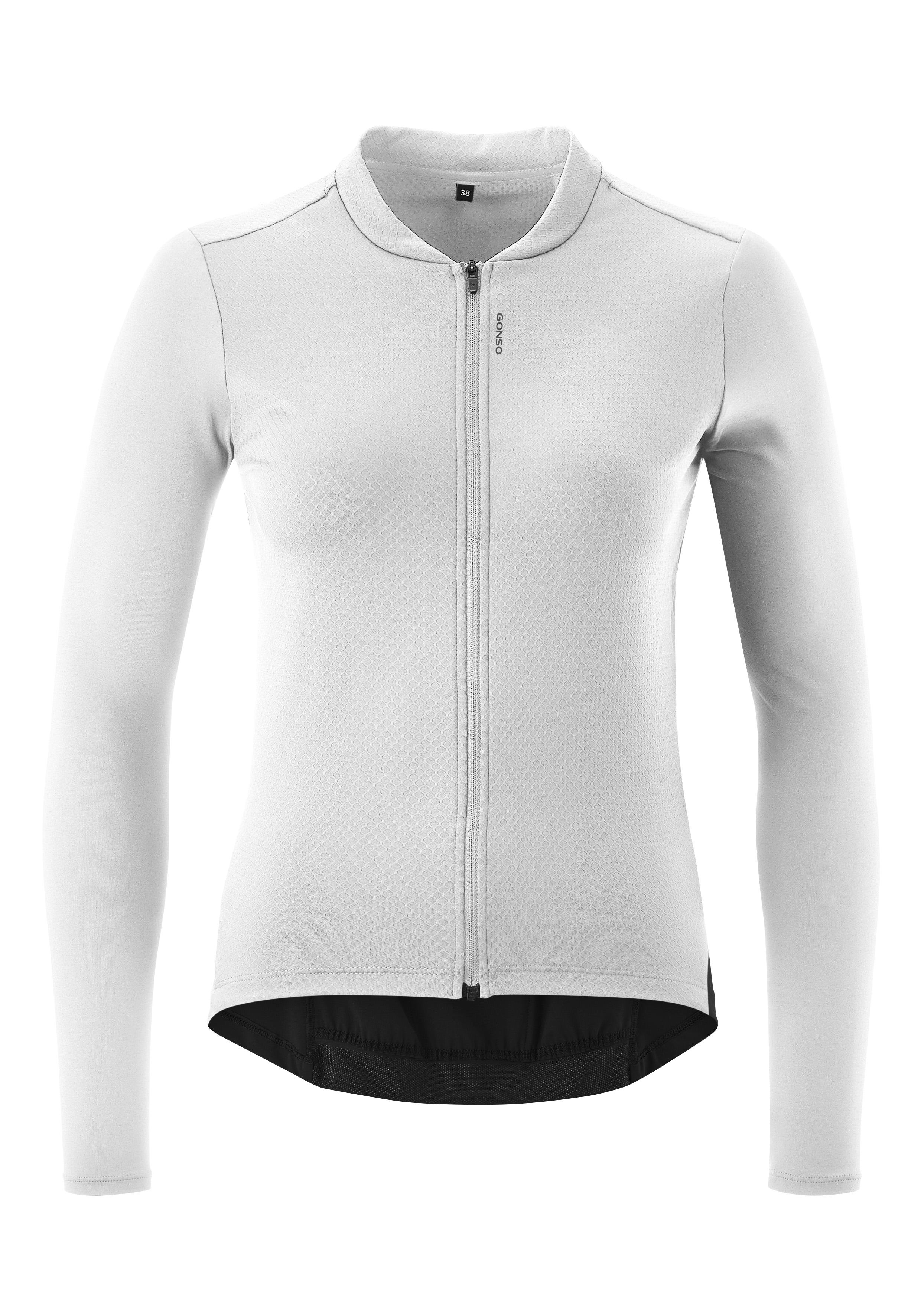 Radtrikot Gonso "Sitivo Jersey Longsleeve W", Damen, Gr. 38, Weiß, 80% Polyester, 15% Elasthan, 5% Polyamid, Rundhals, Trikots, Damen Fahrradtrikot Langarm, Full-Zip Trikot Mit RüCkentasche