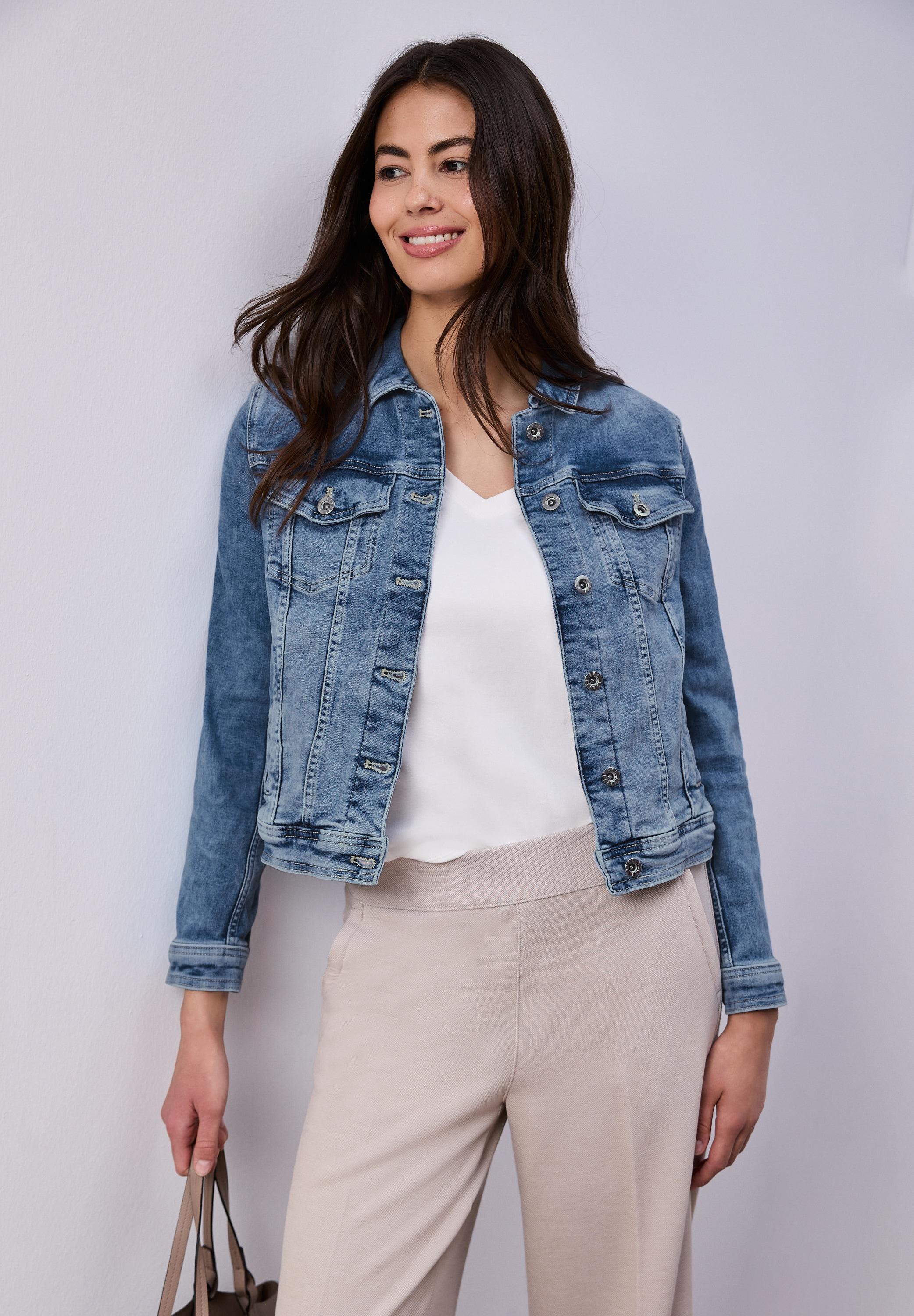Jeansjacke Street One, Damen, Gr. 36, Medium Blau Wash, Denim/Jeans, Obermaterial: 70% Baumwolle, 28% Polyester, 2% Elasthan, Unifarben, Regular Fit Normal, Manschette, Jacken Jeansjacke, Mit Brust Taschen