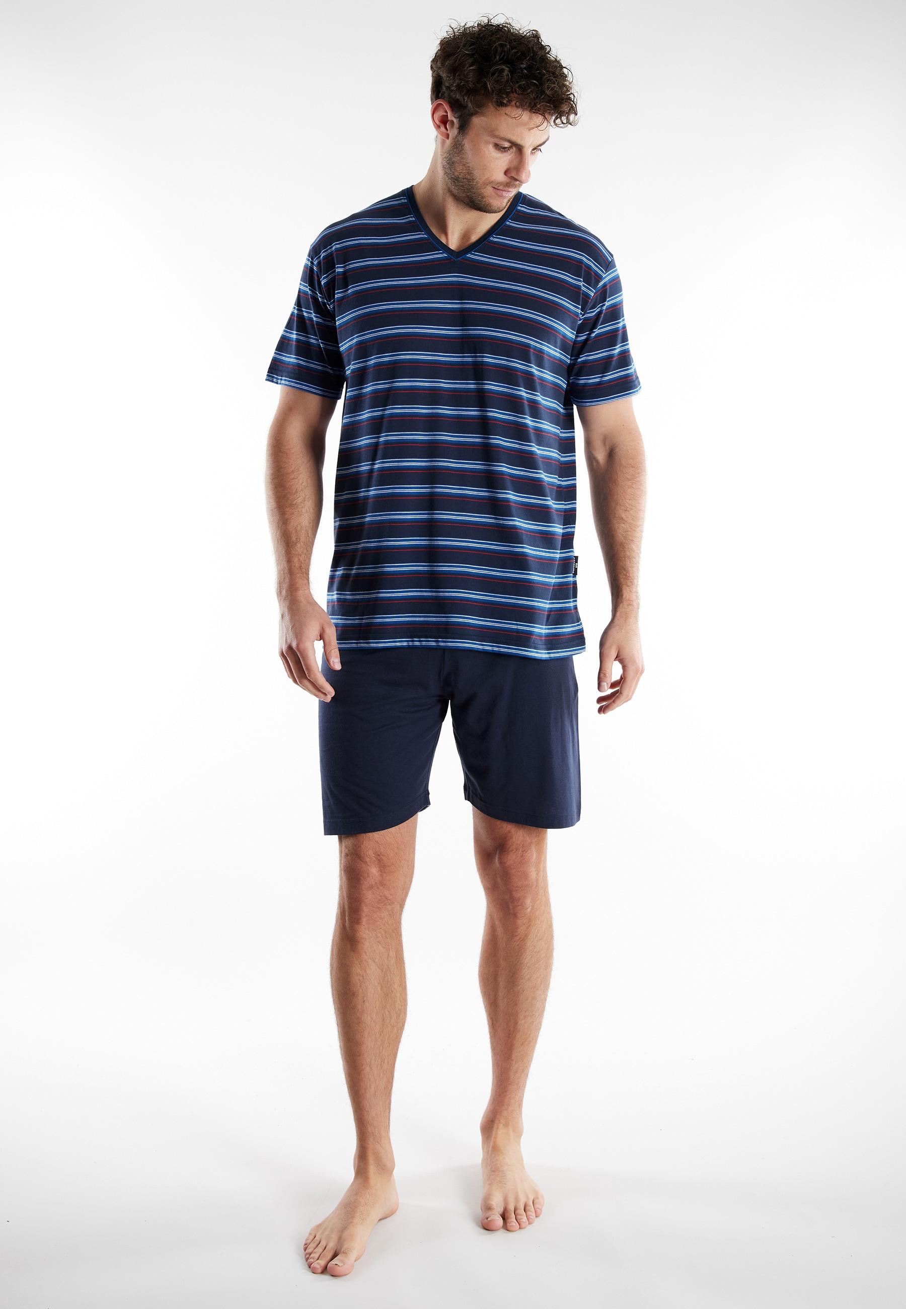 Shorty Götzburg "Midtown", Herren, Gr. 58, Blau (Blau, Mittel, Ringel), Single Jersey, Obermaterial: 60% Baumwolle, 40% Polyester, Bequem Kurz, V-Ausschnitt, Gerader Abschluss, Homewear-Sets Shorty, Gestreift, Kurz, V-Ausschnitt, Baumwollmix
