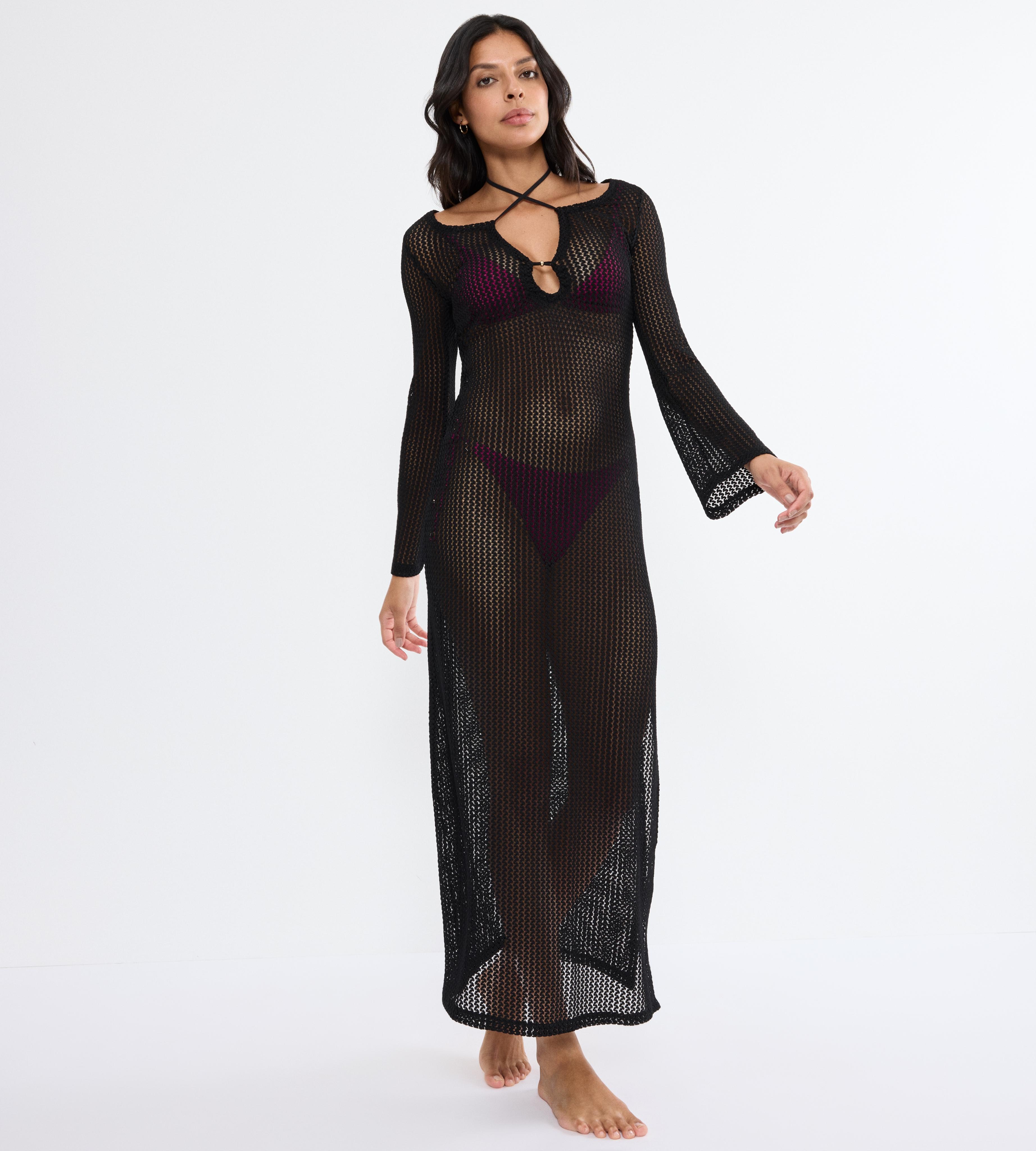 Strandkleid Triumph "Beach Mywear Crochet Long Dress Lsl", Damen, Gr. 44, N-Gr, Schwarz, Strick, Obermaterial: 95% Polyester, 5% Elasthan, Kleider Strandkleid, Weiches HäKeldesign
