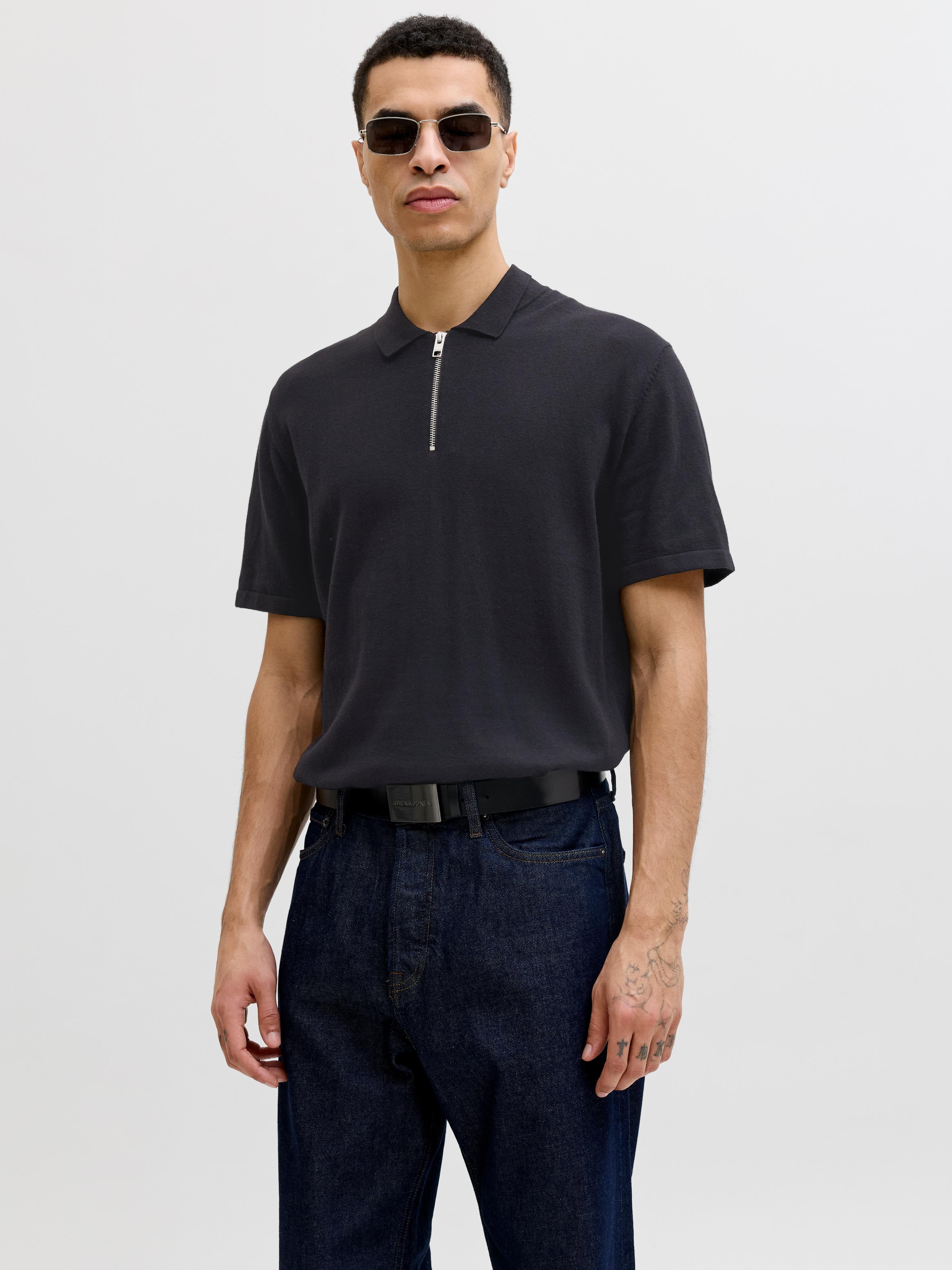 Kurzarmpullover Jack & Jones "Jjeemil Knit Zip Polo Ss Sn", Herren, Gr. M, Schwarz, Strick, Obermaterial: 60% Baumwolle, 20% Nylon, 20% Viskose, Unifarben, Normal, Rundhals, Pullover, Mit Kurzem ReißVerschluss
