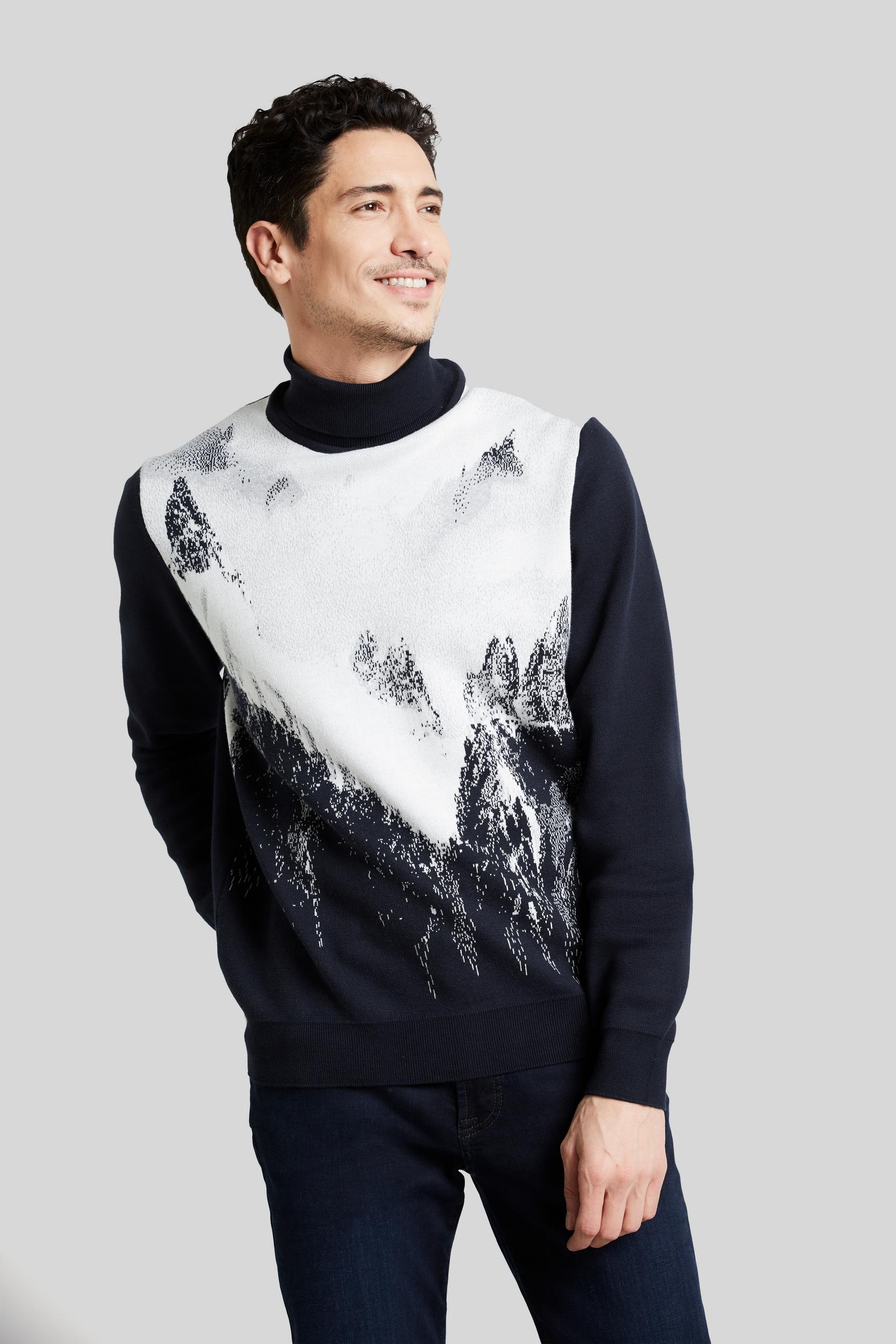 Rollkragenpullover Bugatti, Herren, Gr. Xxl, Blau (Marine), 70% Polyacryl, 30% Wolle, Bedruckt, Regular Fit, Ohne Ausschnitt, RippbüNdchen, Pullover Rollkragenpullover, Mit Winterlichem Bergmotiv