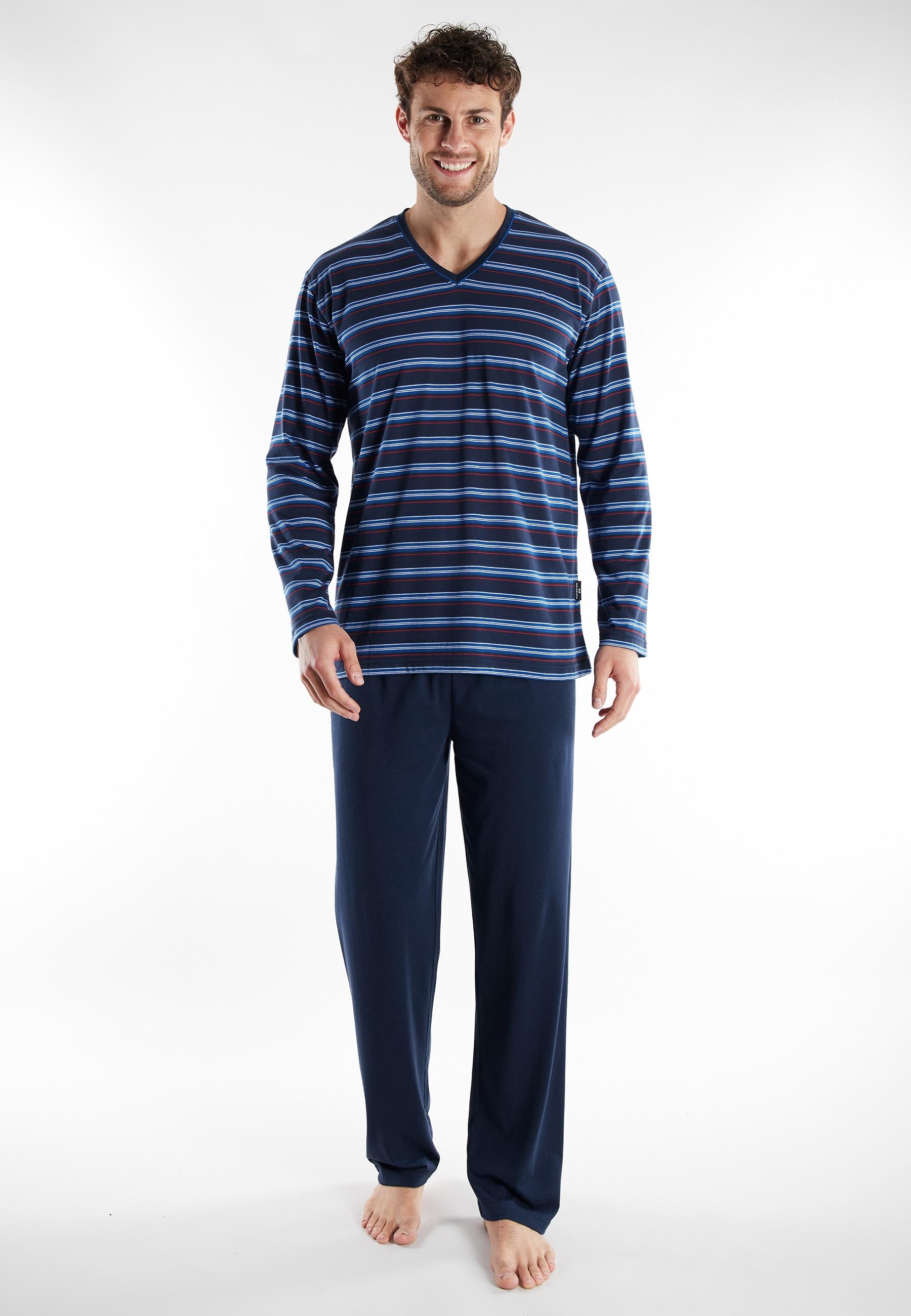 Pyjama GÖTzburg "Midtown", Herren, Gr. 52, Blau, Mittel, Ringel, Single Jersey, Obermaterial: 60% Baumwolle, 40% Polyester, Bequem Lang, V-Ausschnitt, Gerader Abschluss, Homewear-Sets Pyjama, Gestreift, V-Ausschnitt, Lang, Baumwollmix
