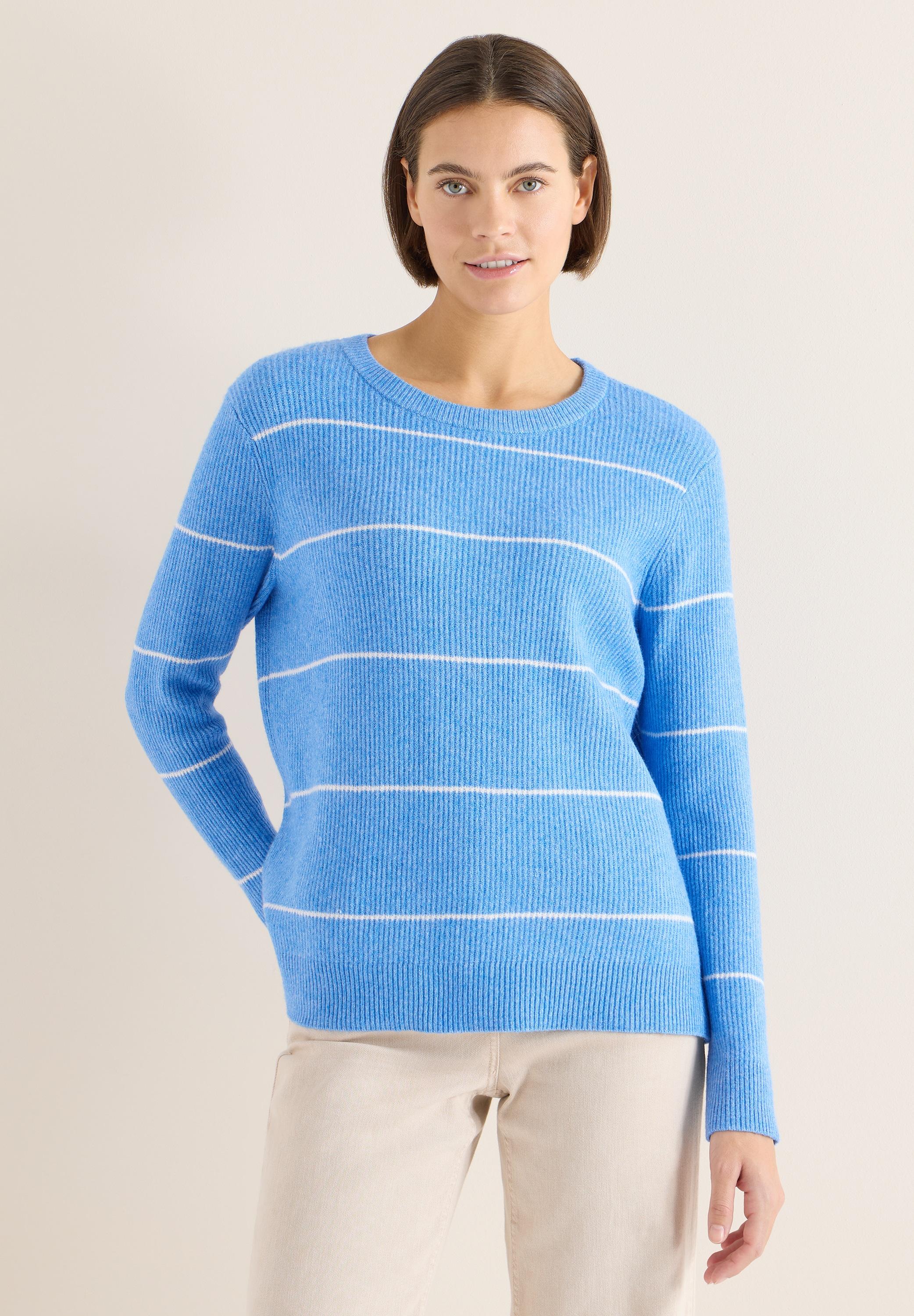 Strickpullover Cecil, Damen, Gr. Xl (44), Fountain Blau Melange, Web, 37% Baumwolle, 34% Polyacryl, 26% Polyester, 3% Elasthan, Gestreift, Comfort Fit Normal, Rundhals, BüNdchen, Pullover Strickpullover, Mit Rippstrick-Struktur