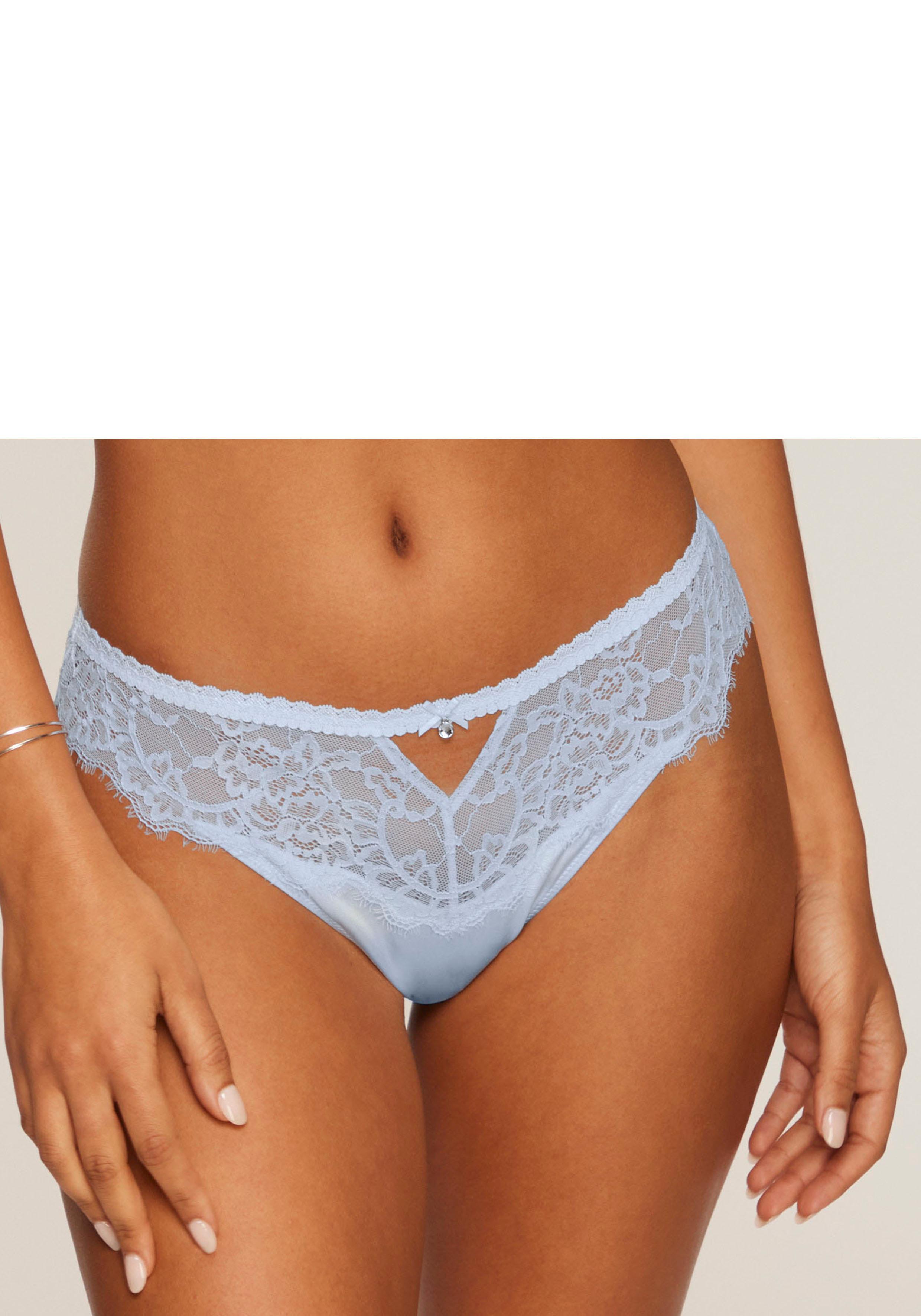 String Lascana "Alana", Damen, Gr. 32/34, Blau (Hellblau), Obermaterial: 56% Polyamid, 32% Seide, 12% Elasthan, Unterhosen String, Mit Hohem Seidenanteil Und Edler Spitze