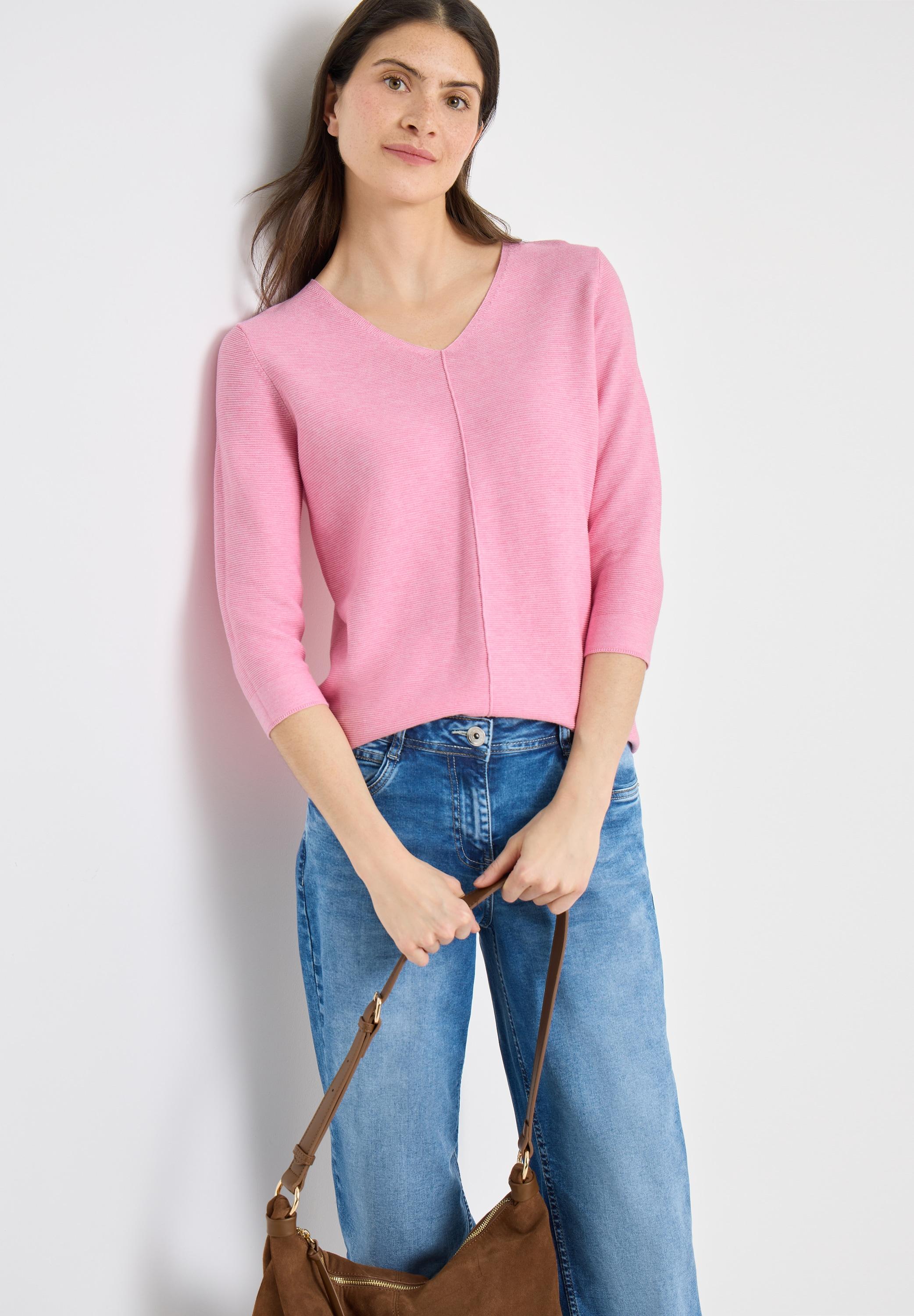 3/4 Arm-Pullover Cecil, Damen, Gr. Xxl (46), Flamingo Rose, Web, 60% Baumwolle, 40% Viskose, Unifarben, Comfort Fit Normal, V-Ausschnitt, RippbüNdchen, Pullover, Im Soften Baumwoll-Mix