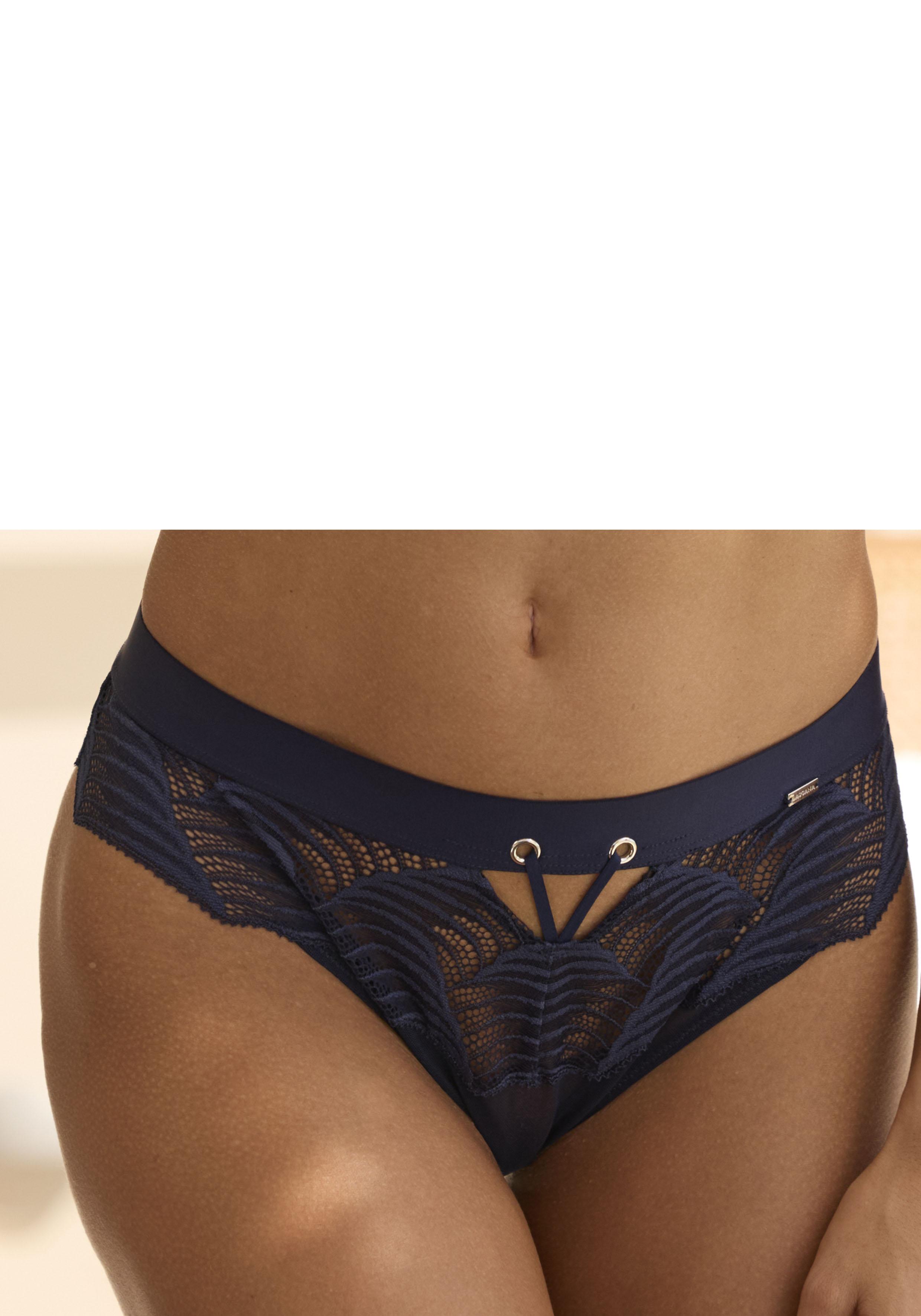 String Lascana "Marla", Damen, Gr. 36/38, Blau (Dunkelblau), Spitze, Obermaterial: 91% Polyamid, 9% Elasthan, KöRpernah, Unterhosen String, Aus Spitze Mit Modischer BäNder-Optik