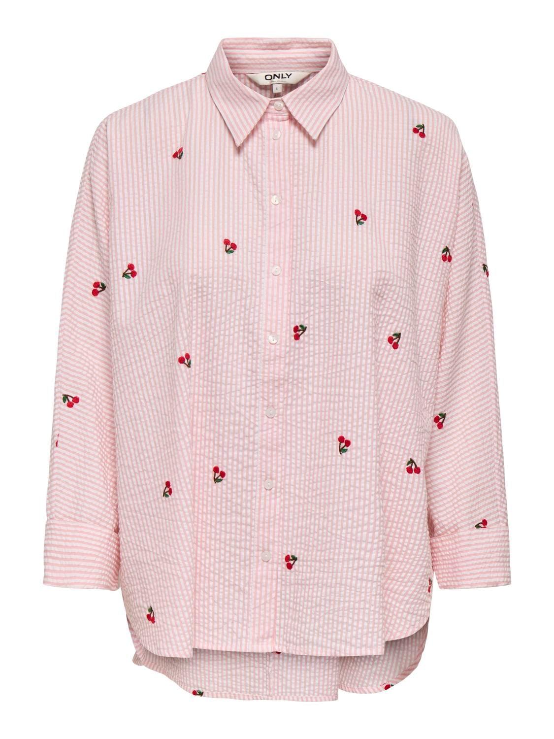 Druckbluse ONLY CARMAKOMA "CARNEW LINA GRACE L/S CHERRY SHIRT WVN", Damen, Gr. 44, crystal rose stripes:hellweiß, Web, Obermaterial: 100% Baumwolle, gestreift, normal, Blusen Druckbluse
