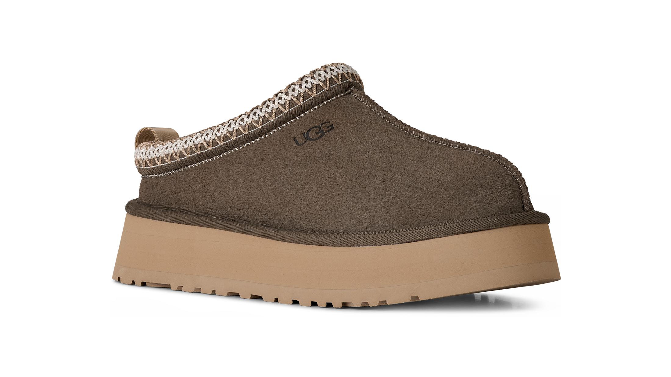Hausschuh UGG "TAZZ", Damen, Gr. 11 (42), dunkelgrün, Textil, Veloursleder, ethno, Schuhe Hausschuh, Clogs, Homeslippers, Pantoffel mit Textilband im Boho-Look