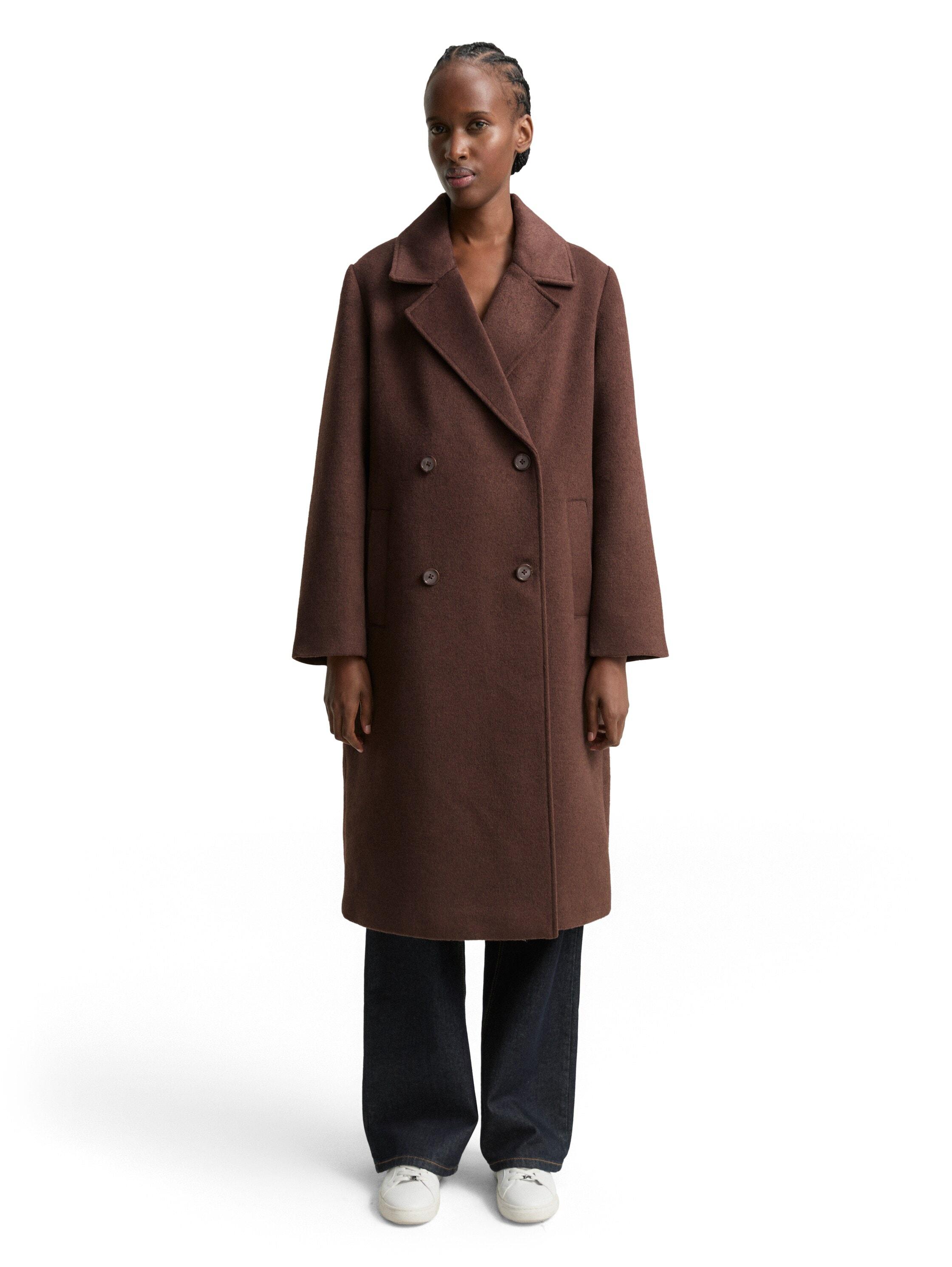 Wollmantel TOM TAILOR DENIM, Damen, Gr. S, soft chocolate braun, Web, Obermaterial: 75% Polyester, 21% Wolle, 2% Polyacryl, 2% Polyamid. Futter: 100% Polyester, unifarben, loose fit kniebedeckend, gerader Abschluss, Mäntel Wollmantel, mit Reverskragen