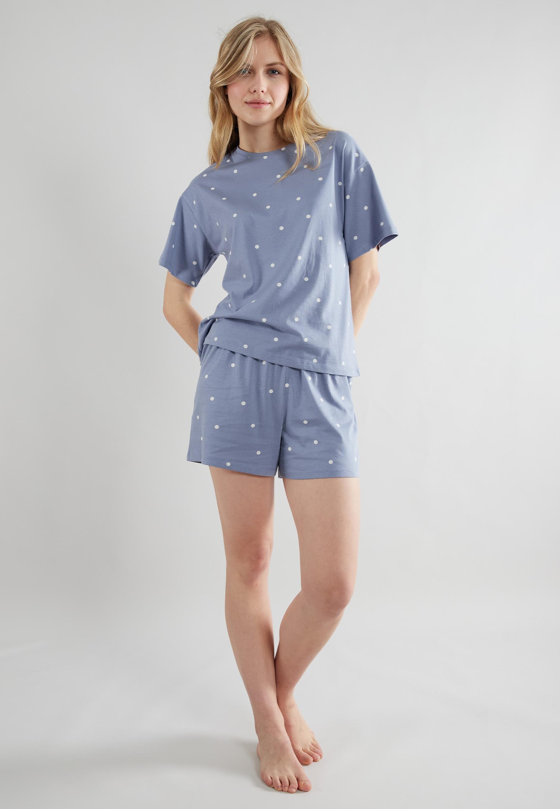 Shorty Tom Tailor "Charlotte", Damen, Gr. 46 (Xxxl), Blau, Single Jersey, Obermaterial: 100% Baumwolle, Bequem Kurz, Rundhals, Homewear-Sets Shorty, Gepunktet, Kurzarm, Rundhalsausschnitt, Kurze Hose, Feminin, Bequem