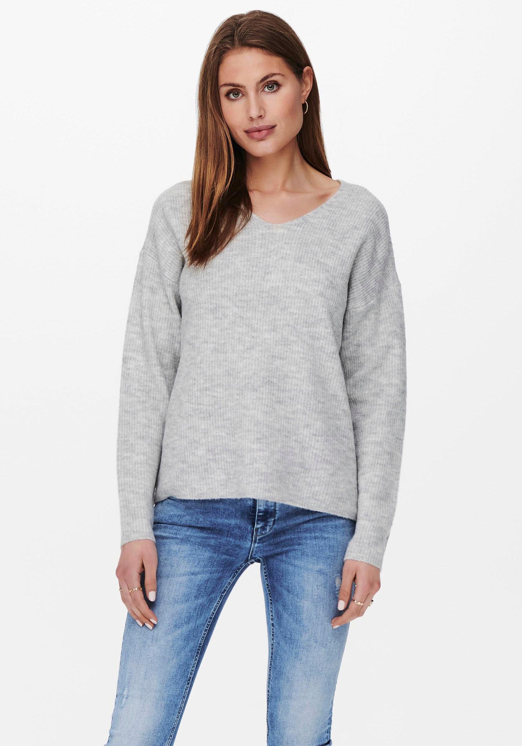 Strickpullover Only "Onlcamilla V-NECK L/S Pullover Knt Noos", Damen, Gr. Xs, Grau (Light Grau Melange), Strick, Obermaterial: 74% Polyacryl, 24% Polyester, 2% Elasthan, Meliert, Figurumspielend Normal, V-Ausschnitt, Pullover Strickpullover