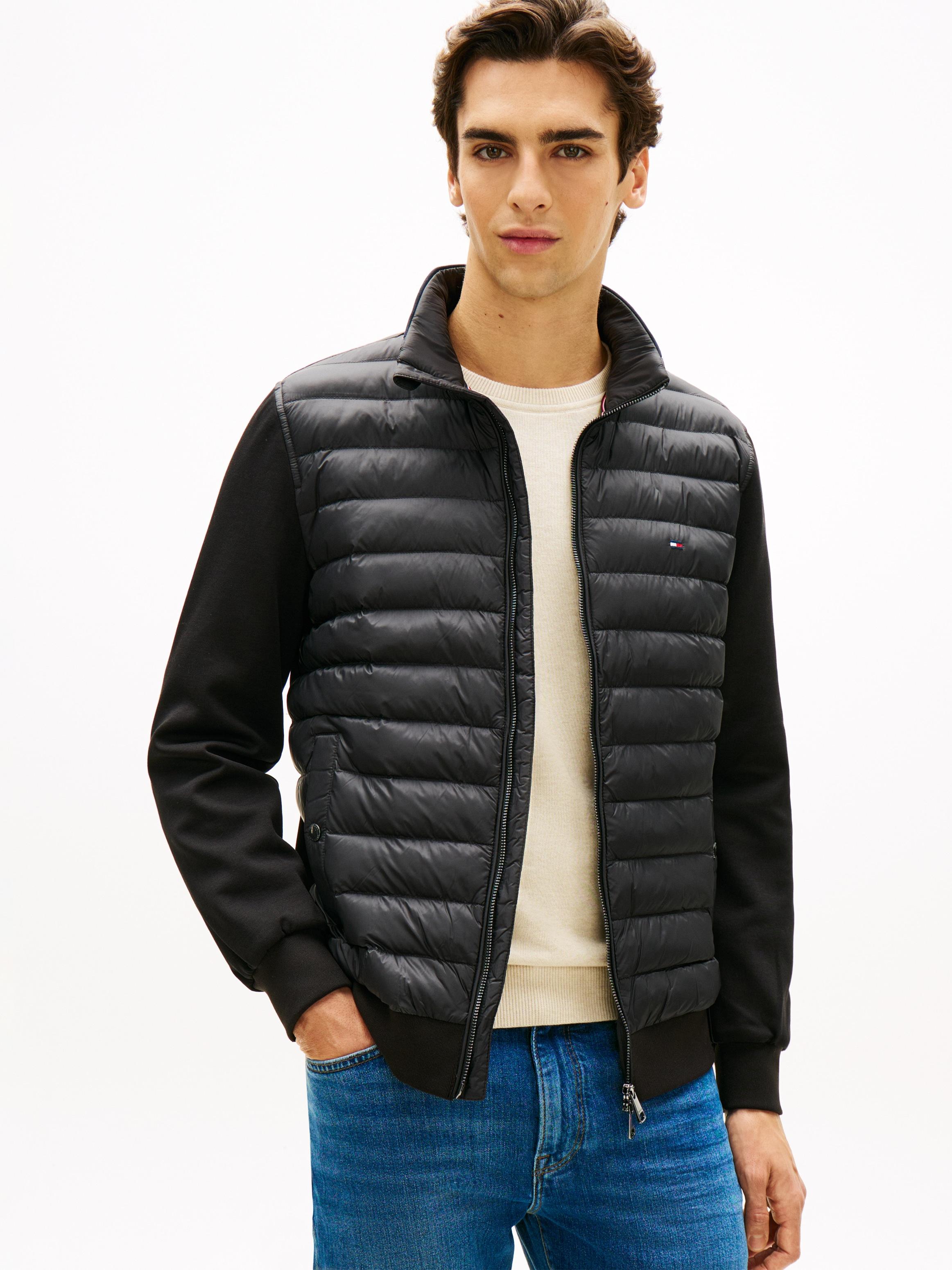 Steppjacke Tommy Hilfiger "Mix Media Mit Stehkragen", Herren, Gr. L, Schwarz, Sweatware, Obermaterial: 72% Baumwolle, 28% Polyester, Unifarben, Regular Fit Normal, RippbüNdchen, Jacken Steppjacke, Unifarben, Casual, Regular Fit, Baumwollmix