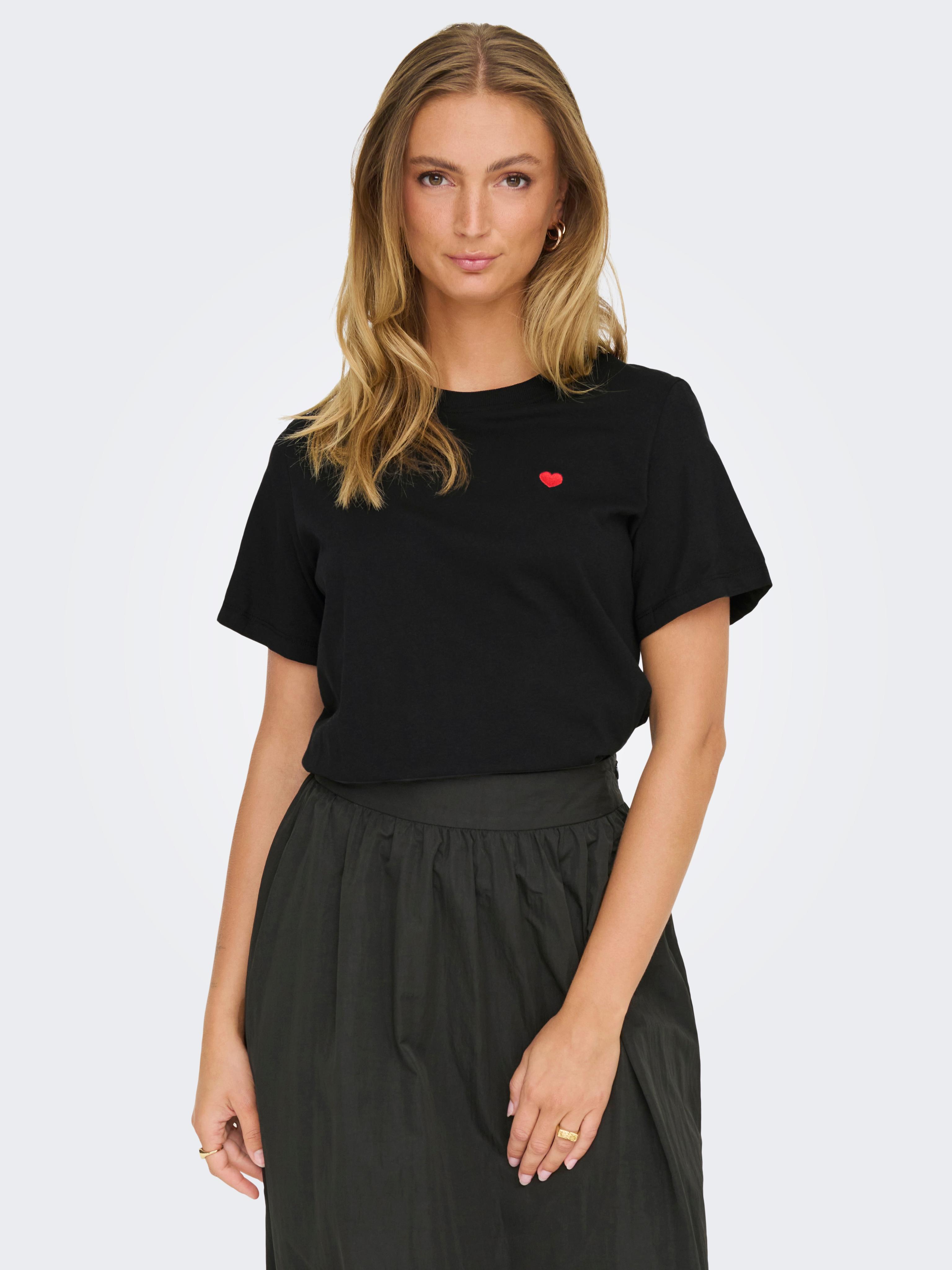 Kurzarmshirt JDY "Jdypisa S/S Print TOP JRS Noos", Damen, Gr. M, Schwarz (Schwarz Heart), Jersey, Obermaterial: 100% Baumwolle, Bedruckt, Regular Fit Normal, Rundhals, Shirts, Baumwolle, Regular Fit