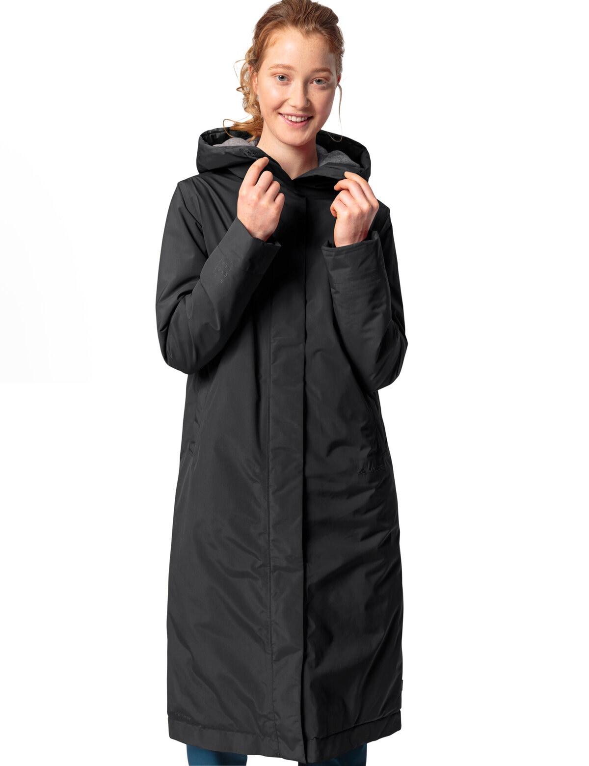 Wintermantel Vaude "Women's Coreway Coat", Damen, Gr. 36, Schwarz, Web, Obermaterial: 100% Polyester, Unifarben, Hoch Geschlossener Ausschnitt, Eingesetzt Eingefasste Kante, MäNtel Wintermantel, Mit FleecefüTterung, Mit Kapuze, Wasserabweisend