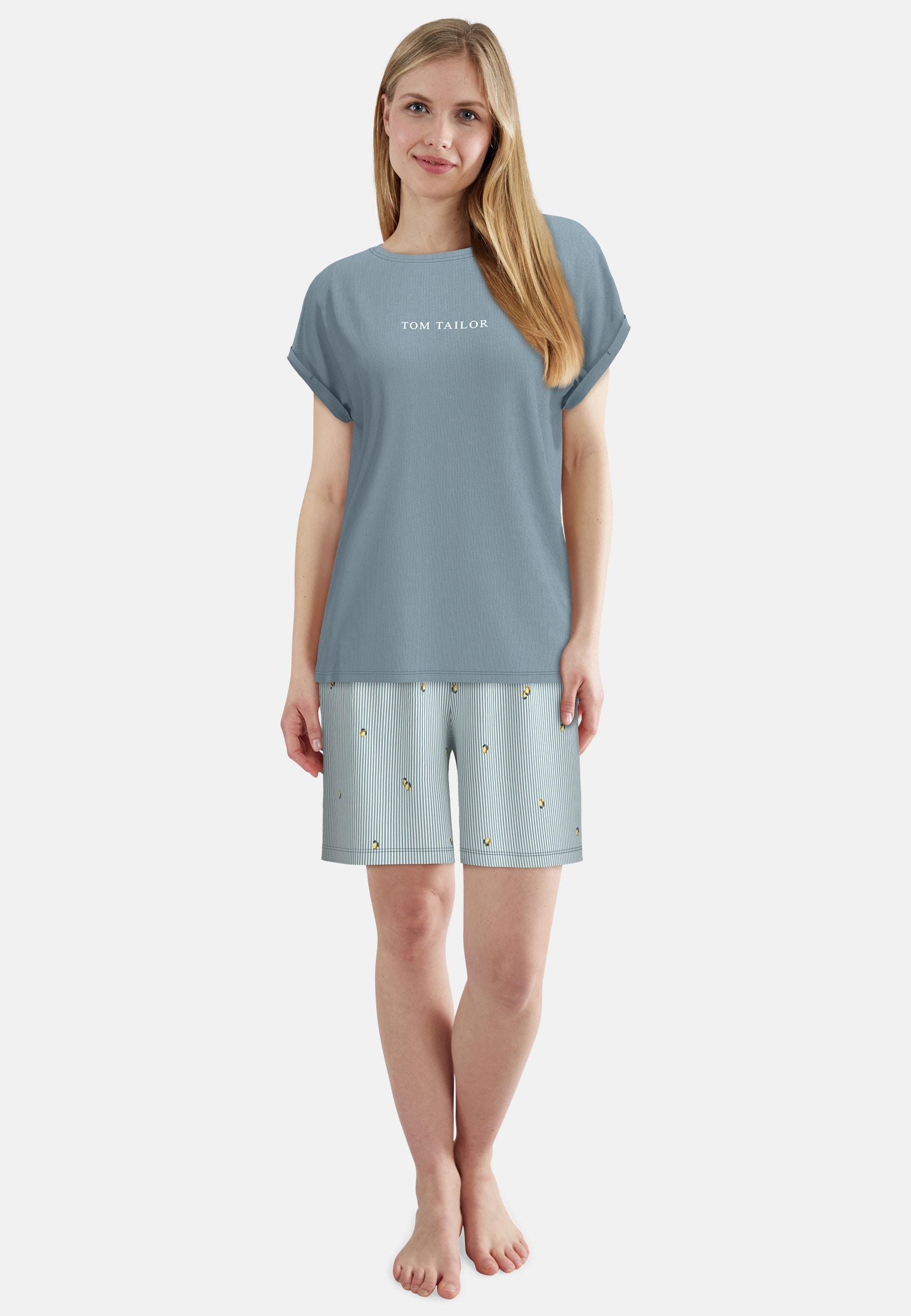 Shorty Tom Tailor, Damen, Gr. 38, Blau (Blau, Mittel, Streifen), Single Jersey, Obermaterial: 95% Baumwolle, 5% Elasthan, Bequem Kurz, Rundhals, Gerader Abschluss, Homewear-Sets Shorty, Atmungsaktiv, Viskosemix