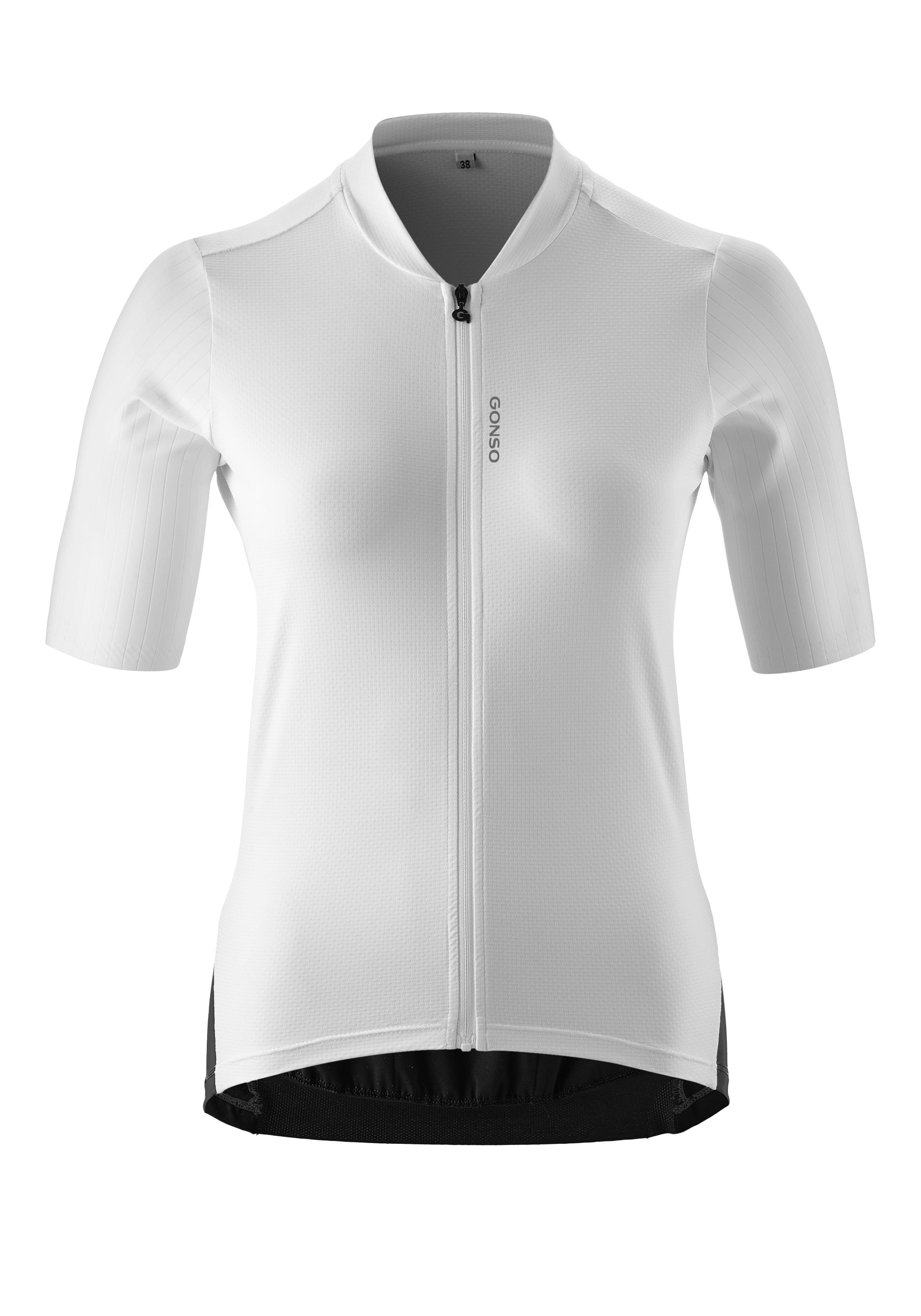 Radtrikot Gonso "Sitivo Jersey Red W", Damen, Gr. 34, Weiß, 45% Polyamid, 35% Polyester, 20% Elasthan, Rundhals, Trikots, Damen Fahrradtrikot Kurzarm, Atmungsaktives Trikot Mit RüCkentasche