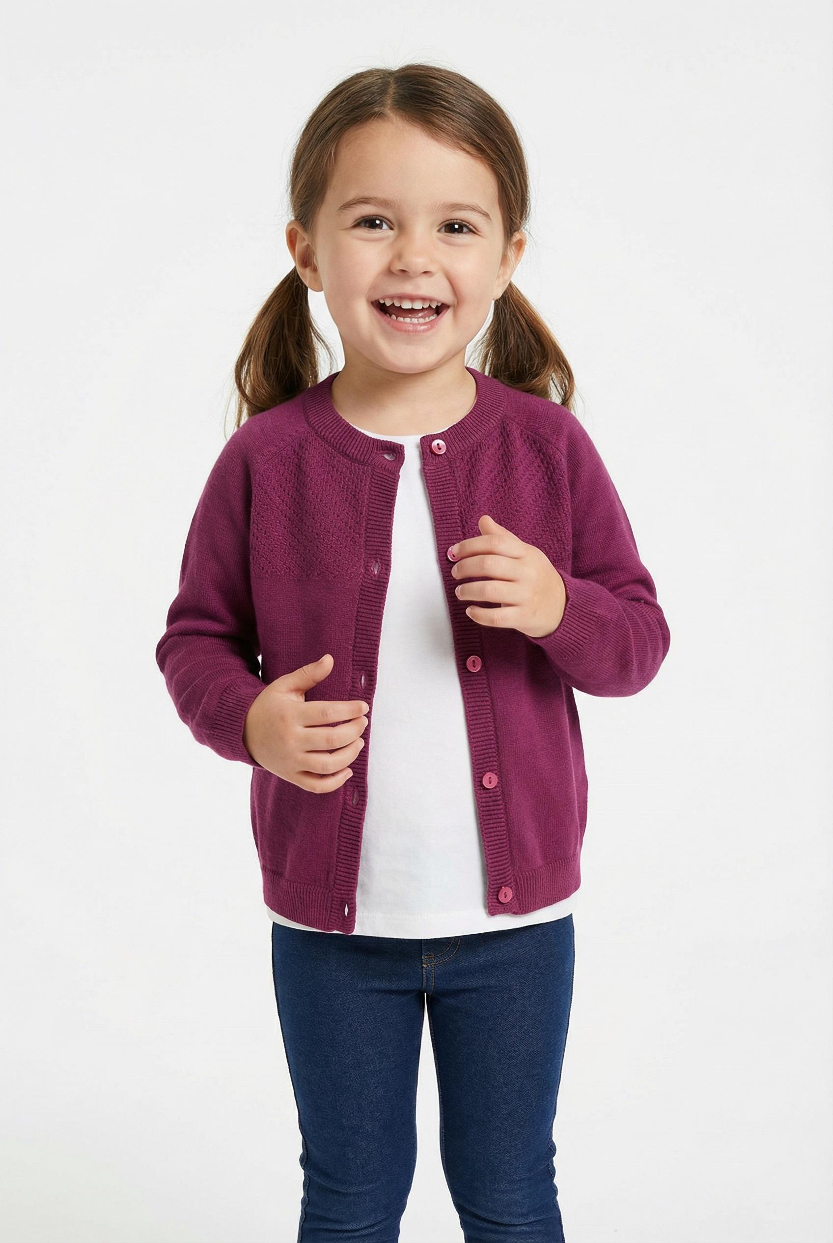 Strickjacke happy Girls, MäDchen, Gr. 98, Lila (Berry), Strick, Obermaterial: 100% Baumwolle, Unifarben, Regular Fit HüFtlang, Rundhals, RaglanäRmel StrickbüNdchen, Strickjacken Strickjacke, Mit Hochwertigem Strickmuster Im Vorderen Brustbereich