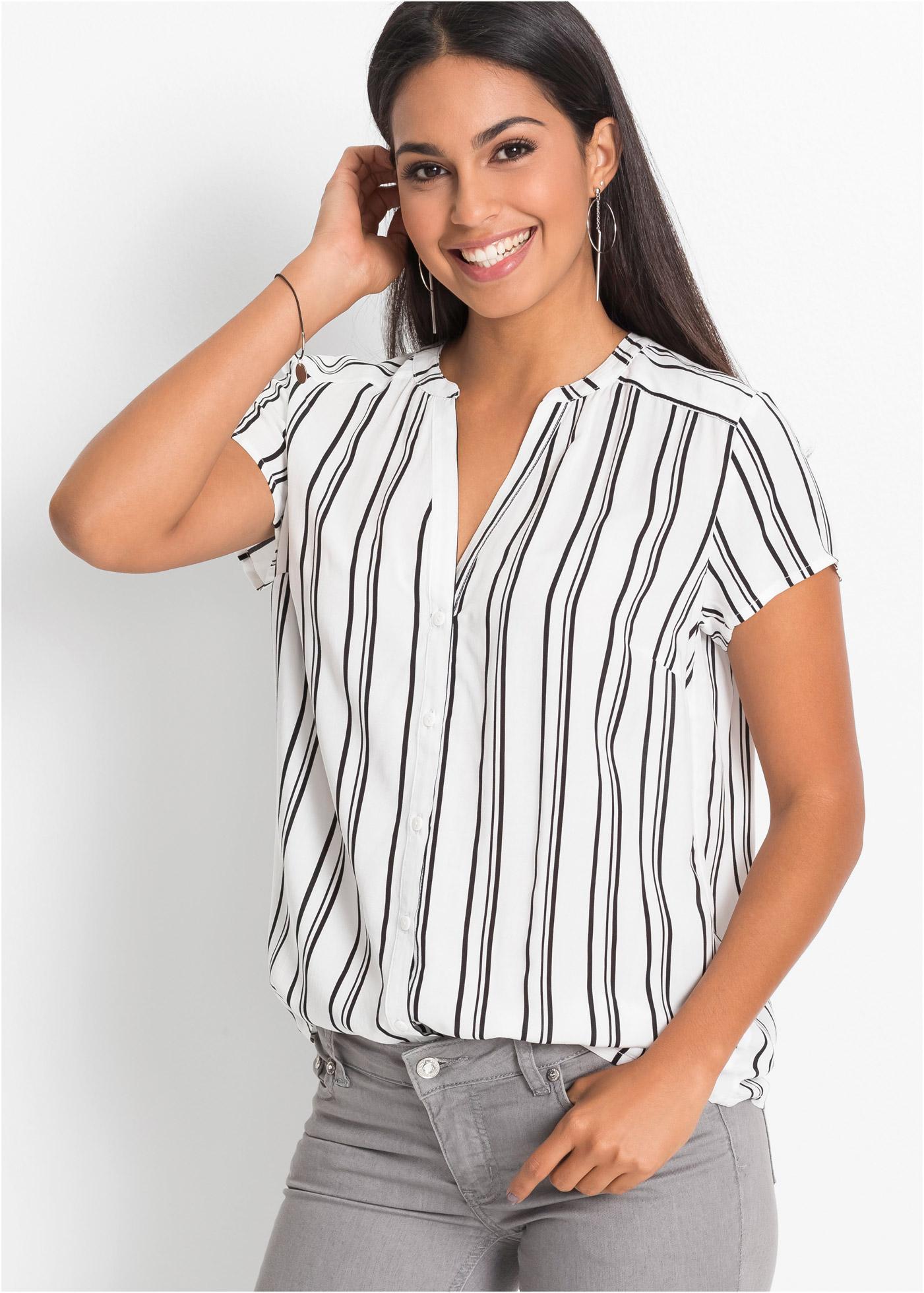 Kurzarmbluse BONPRIX, Damen, Gr. 44, weiß, schwarz gestreift, Web, Obermaterial: 100% Viskose, regular fit, Blusen Kurzarmbluse, Regular Fit, für Businessmode, aus Viskose, feminin gestaltet