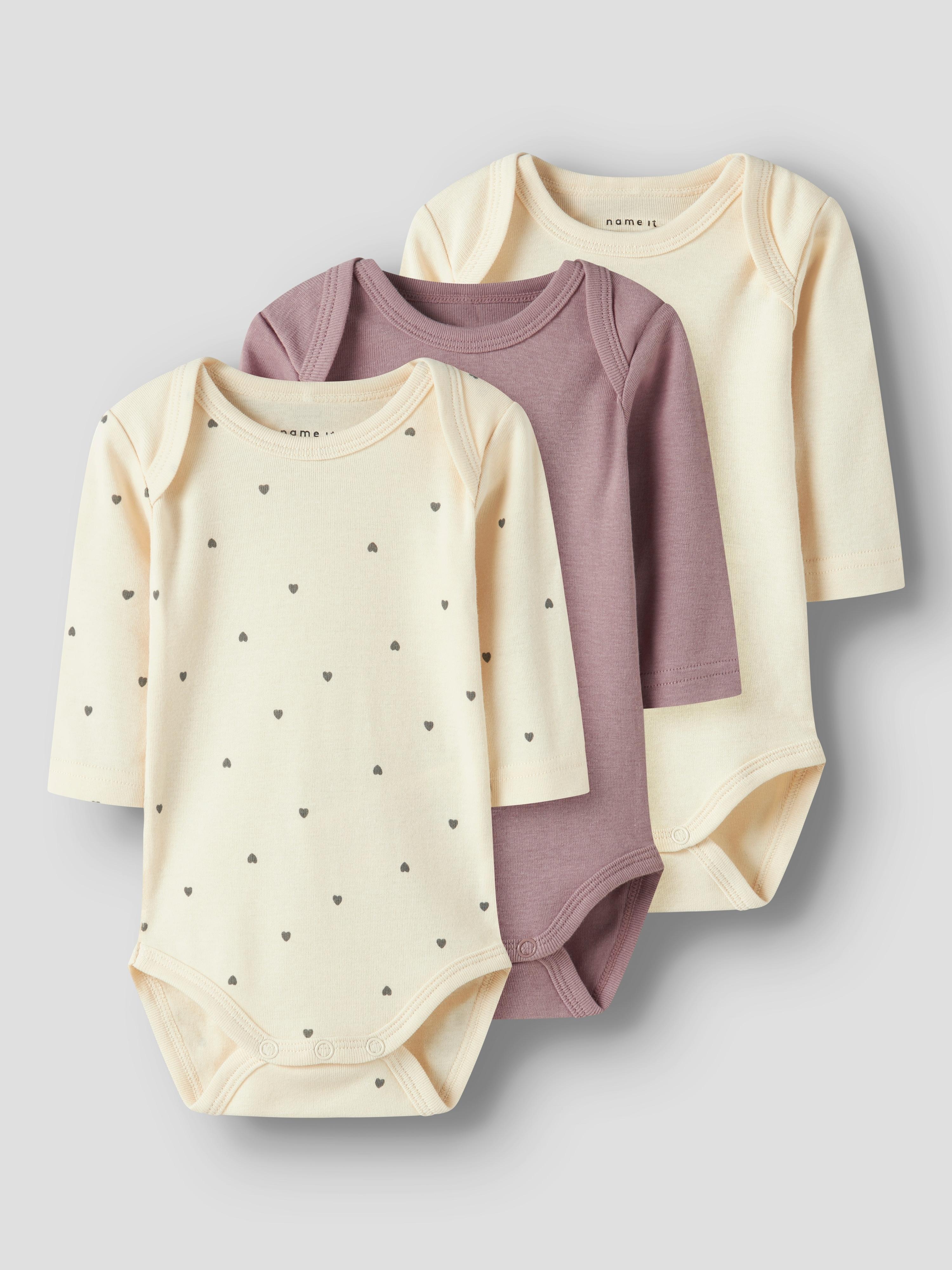 Body Name It "Nbfbody 3P Ls Heart Noos", Jungen, Gr. 56, N-Gr, Beige (Summer Sand Pack:W, Summer Sand, Deauville Mauve), Sweatware, Obermaterial: 100% Baumwolle, Unifarben, Regular Fit, Rundhals, Bodys Body