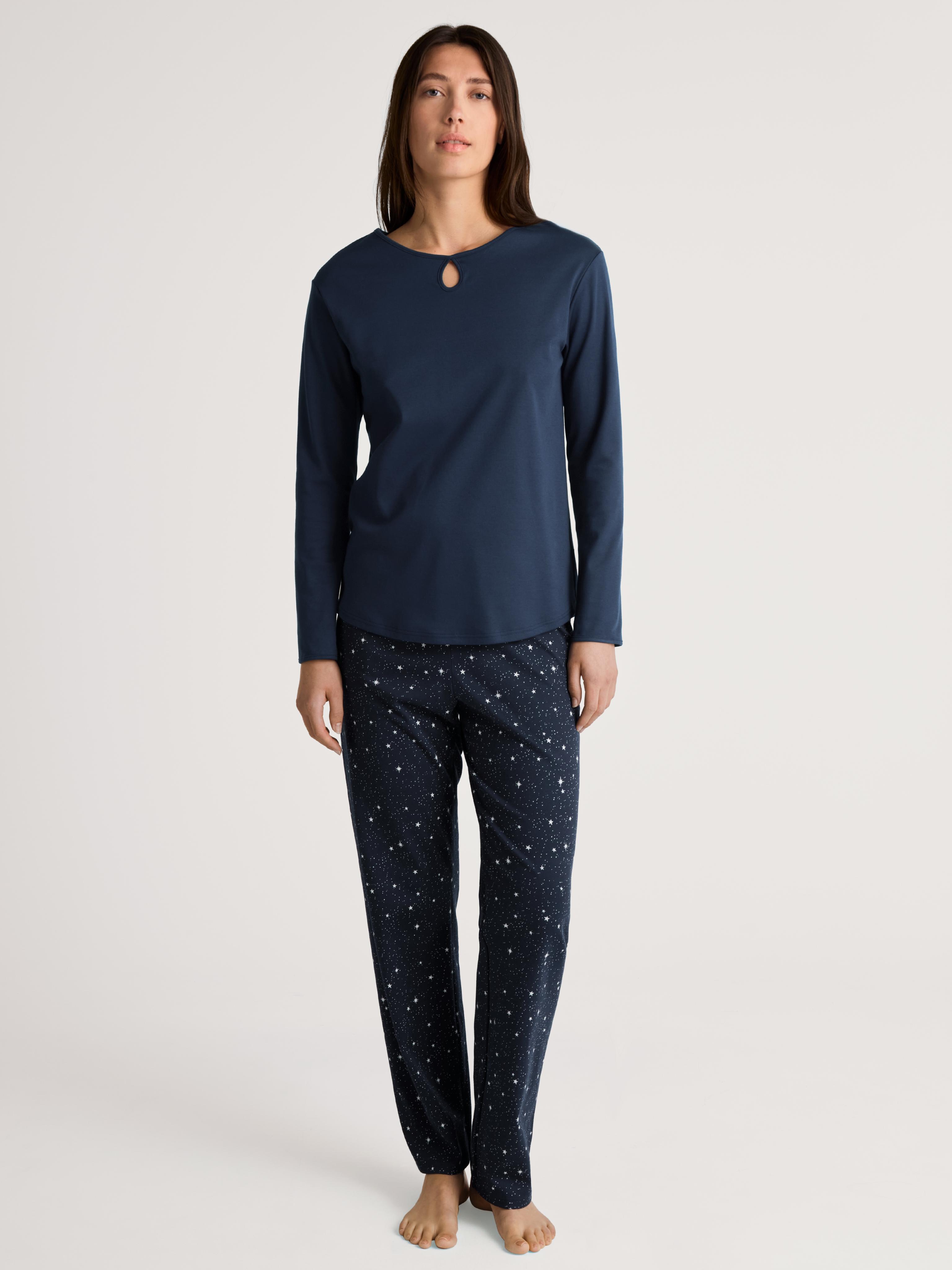 Schlafanzug Calida "Sweet Dreams", Damen, Gr. M (44/46), Blau (Peacoat Blau), Interlock, Obermaterial: 100% Baumwolle, Gemustert, Bequem Lang, Rundhals, Homewear-Sets Schlafanzug, Lockere Passform, Rundhals, Interlock-QualitäT, Langarm, Weich