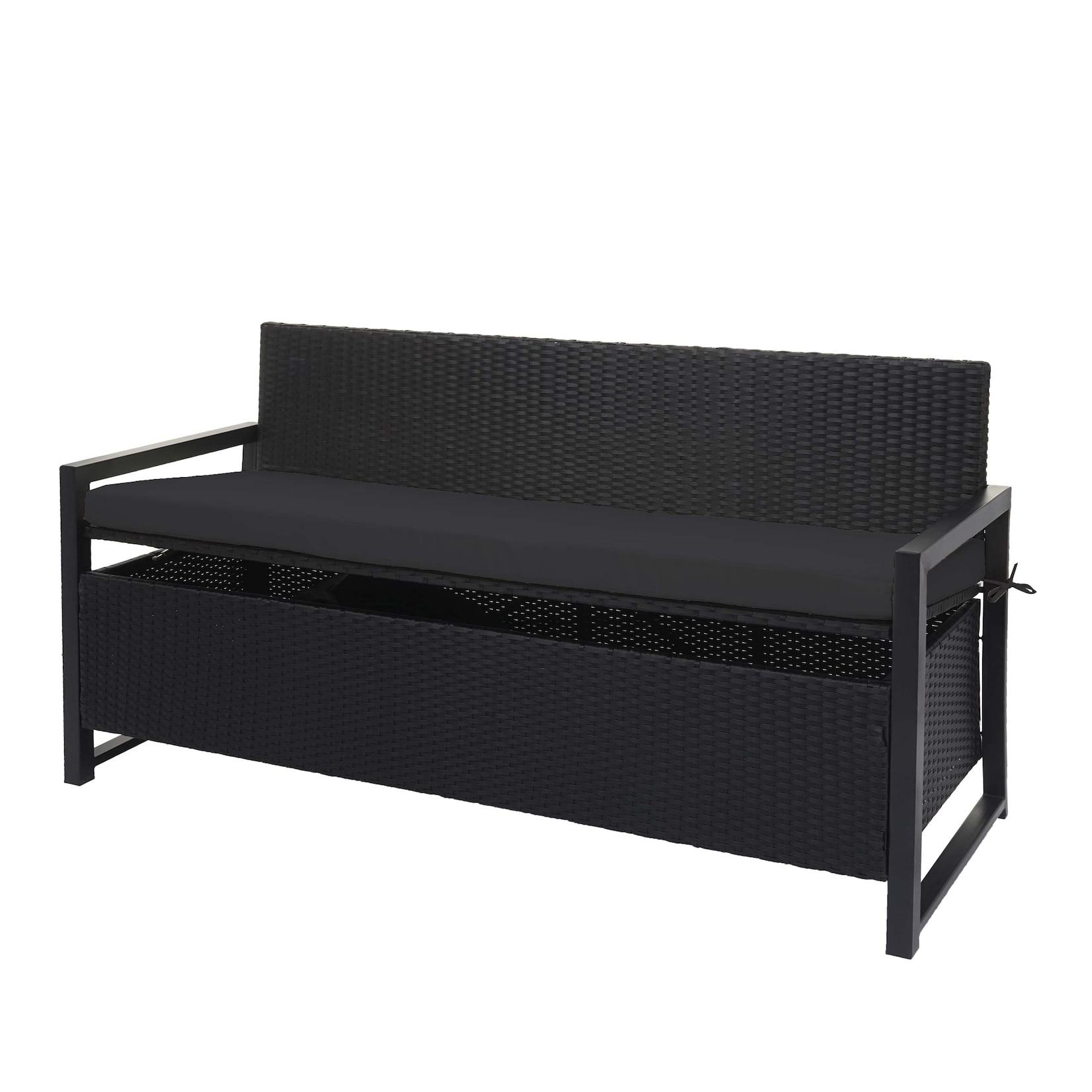 Poly-Rattan 3Er Sitzbank MCW-F39, Gartenbank Truhenbank, Staufach Aufbewahrung Sitzkissen ~ Anthrazit, Kissen Schwarz