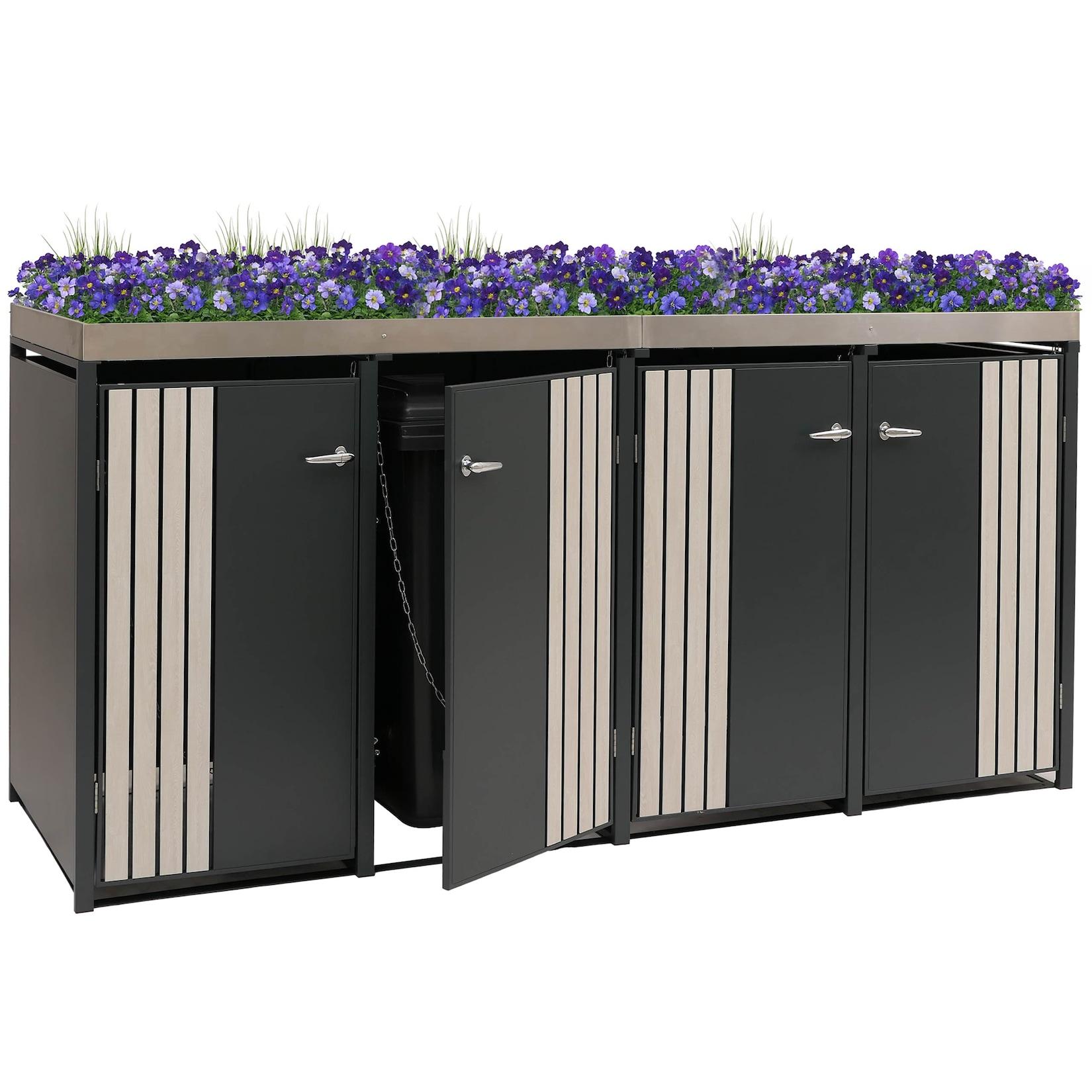 4Er-MüLltonnenverkleidung MCW-O67, MüLltonnenbox Mit Pflanzkasten, Metall 125X260X84Cm 95Kg ~ Anthrazit Holzoptik Hell