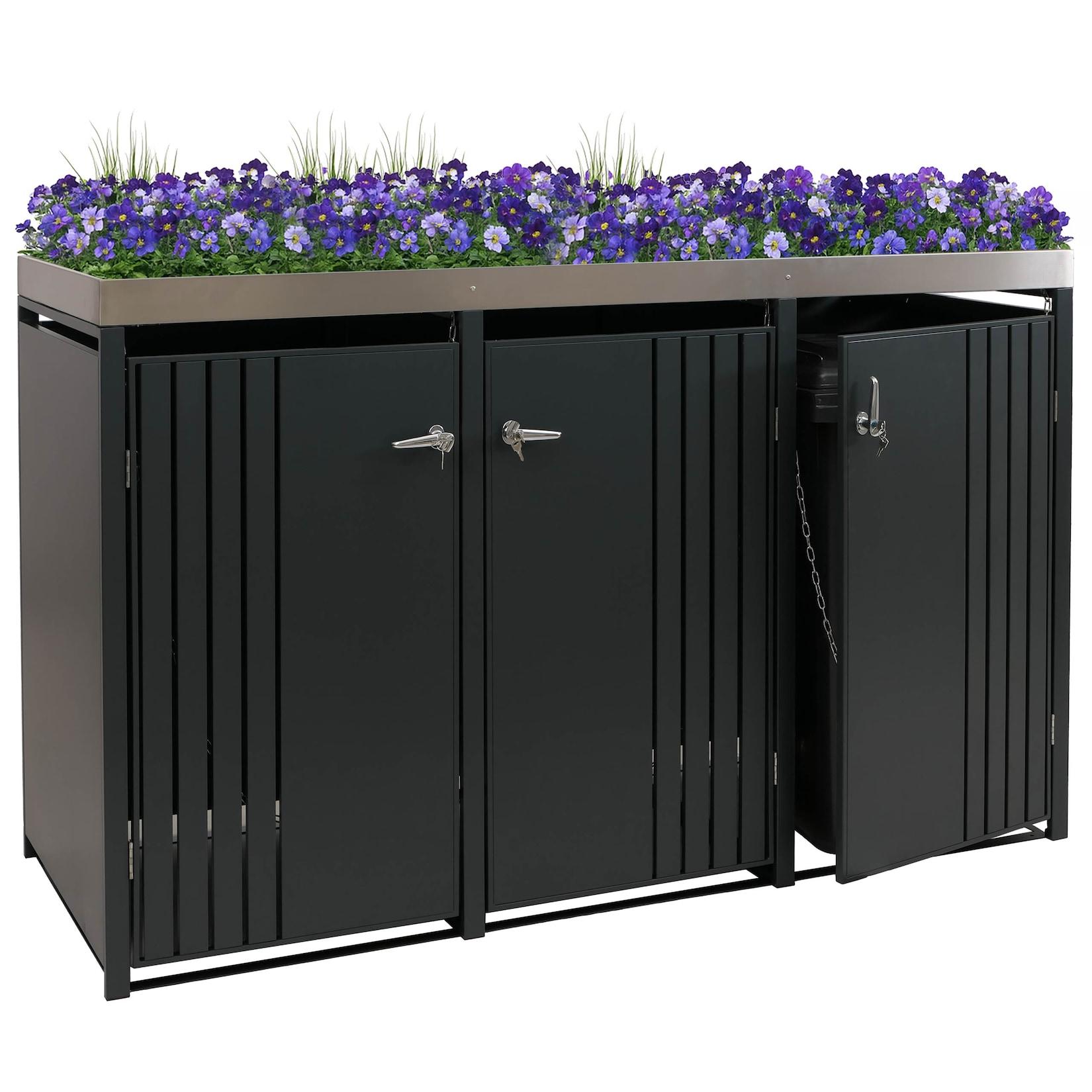 3Er-MüLltonnenverkleidung MCW-O67, MüLltonnenbox Mit Pflanzkasten, Metall 125X196X84Cm 75Kg ~ Anthrazit