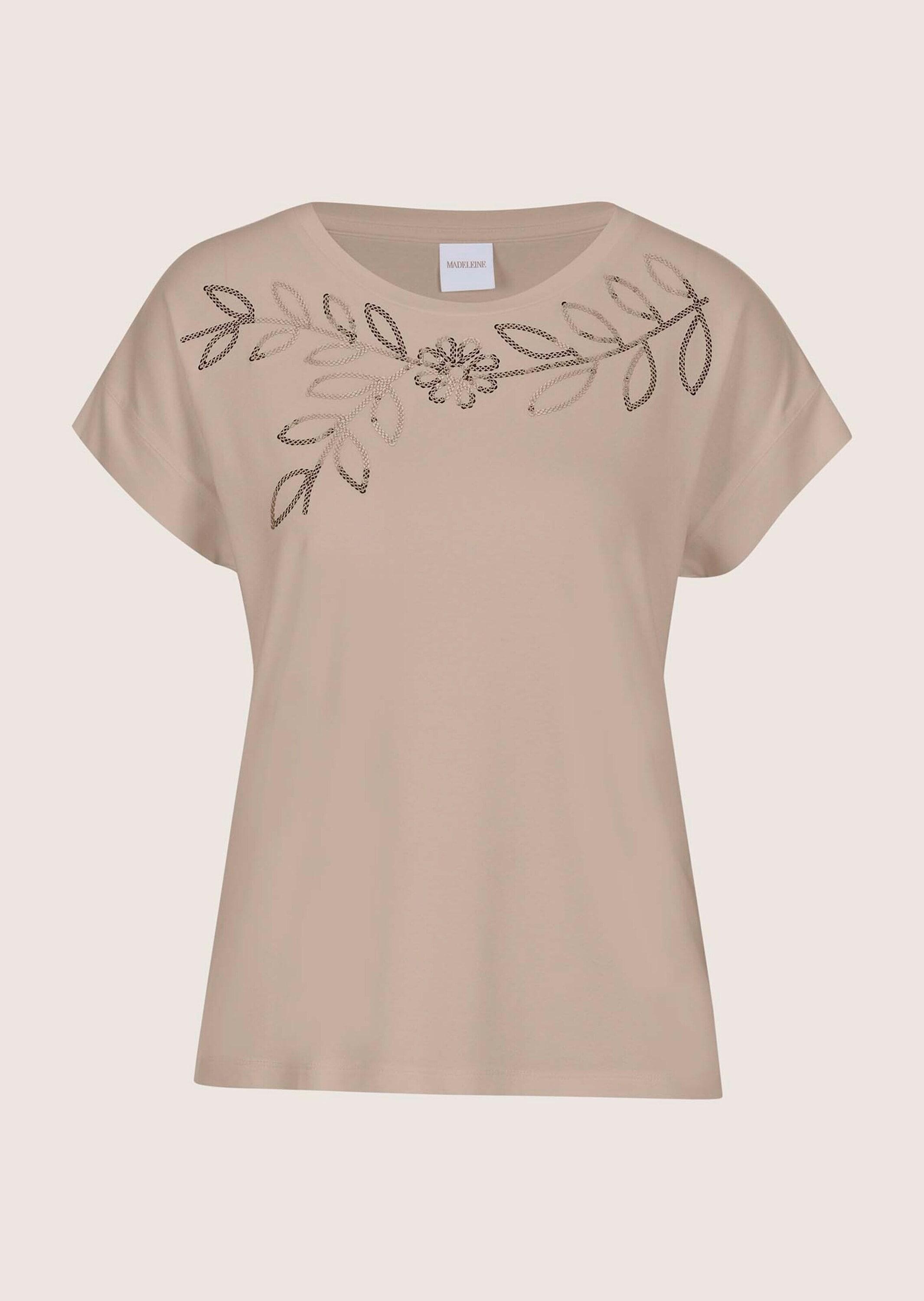 Kurzarmshirt MADELEINE "Blusenshirt Elegantes T-Shirt mit Glanzeffekten", Damen, Gr. 48, beige (berber), Obermaterial: 92% Viskose CV. 8% Elasthan EL., Modern, schmal, Shirts Kurzarmshirt, Pailetten