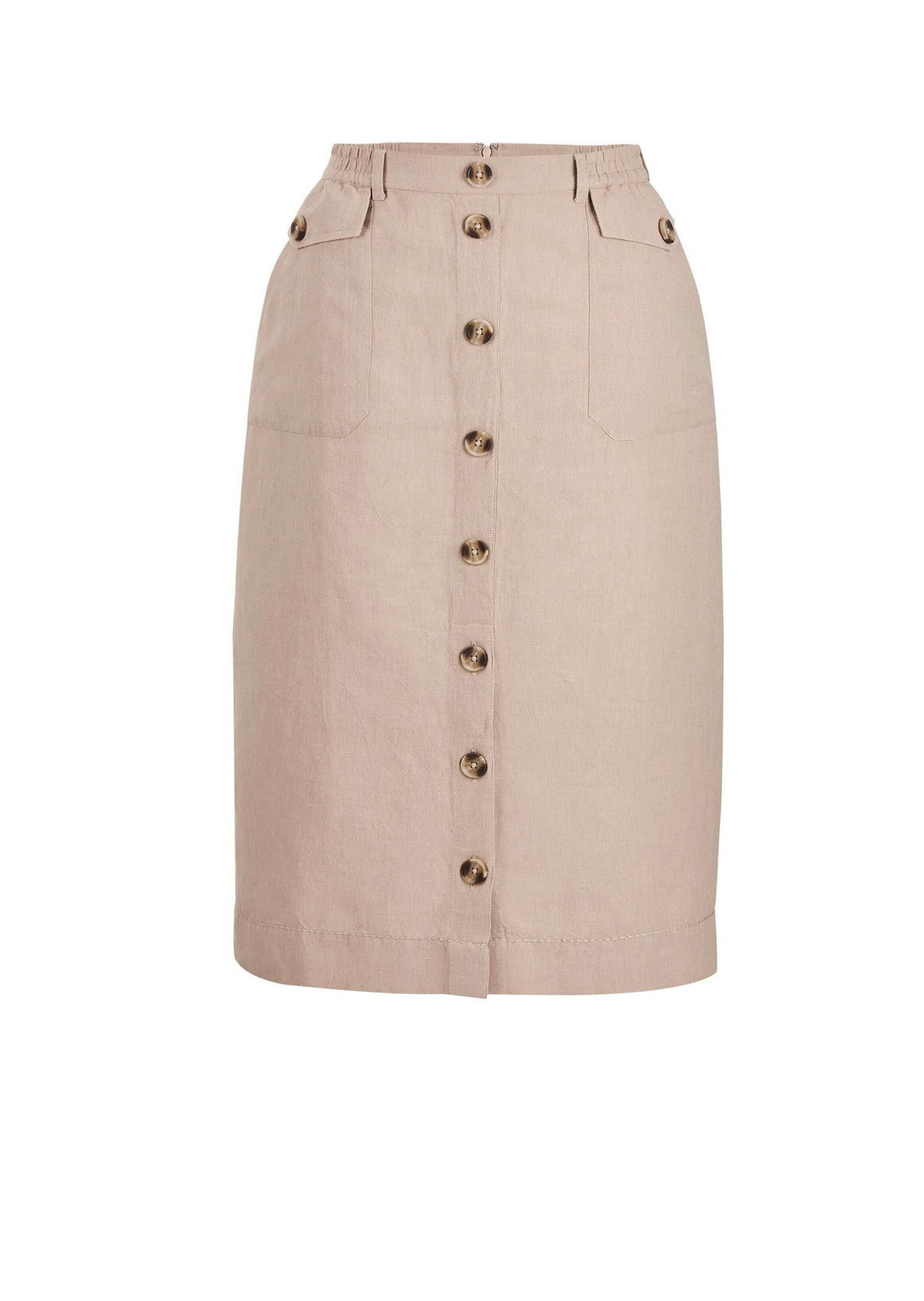 Schlupfrock GOLDNER "Brauner Damen-Cargo-Rock mit Taschen", Damen, Gr. 54, beige (stein), Obermaterial: 55% Leinen LI. 45% Baumwolle CO., gerade, Röcke Schlupfrock, Zierknopfleiste in vorderer Mitte mit geknöpftem Schlitz