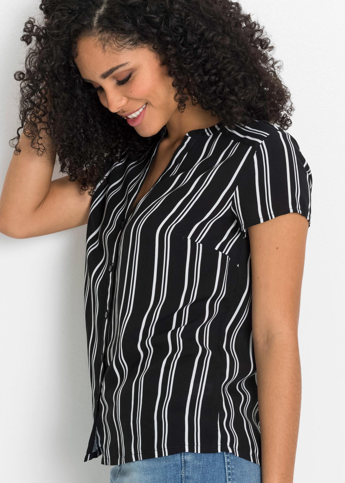 Kurzarmbluse BONPRIX, Damen, Gr. 38, schwarz, weiß gestreift, Web, Obermaterial: 100% Viskose, regular fit, Blusen Kurzarmbluse, Regular Fit, für Businessmode, aus Viskose, feminin gestaltet