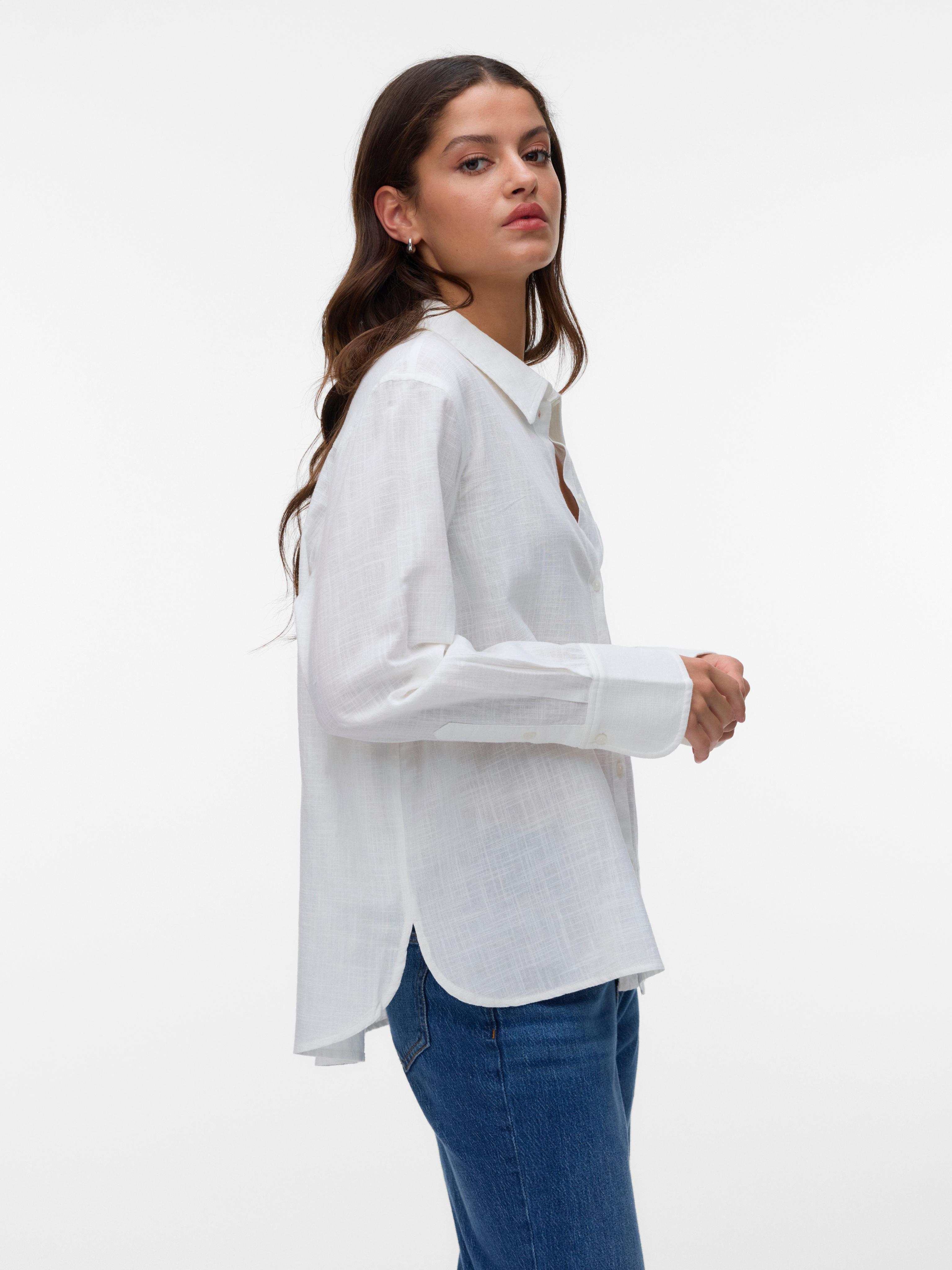 Langarmbluse VERO MODA "VMCAIA LS SHIRT WVN NOOS", Damen, Gr. XL, snow weiß, Web, Obermaterial: 90% Baumwolle, 10% Leinen, unifarben, regular fit normal, Blusen Langarmbluse, Baumwollmischung, regular fit, mit Leinen