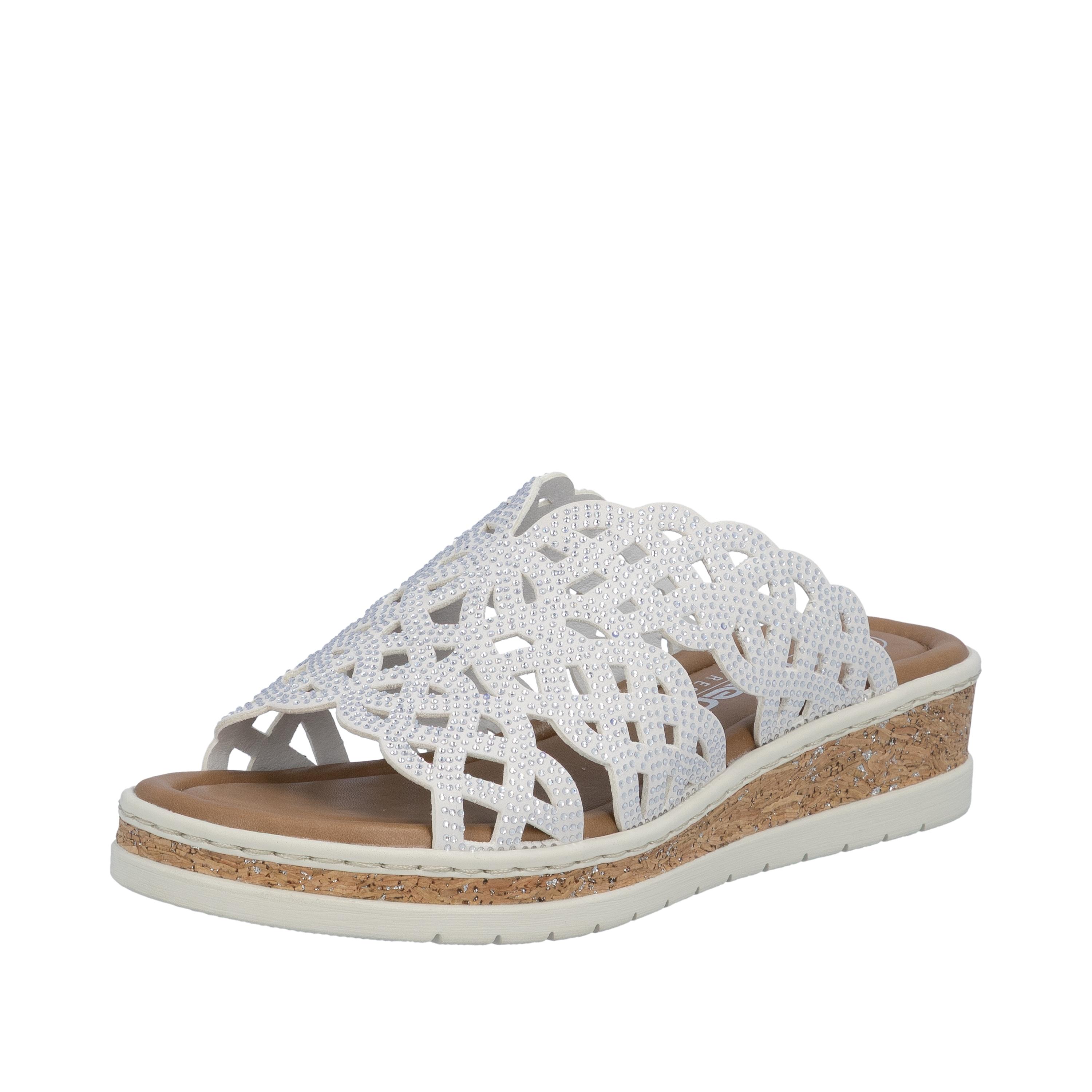 Pantolette Rieker, Damen, Gr. 38, Weiß, Lederimitat, Unifarben, Schuhe Pantolette, Sommerschuh, Hausschuh, Keilabsatz, Mit Glitzersteine
